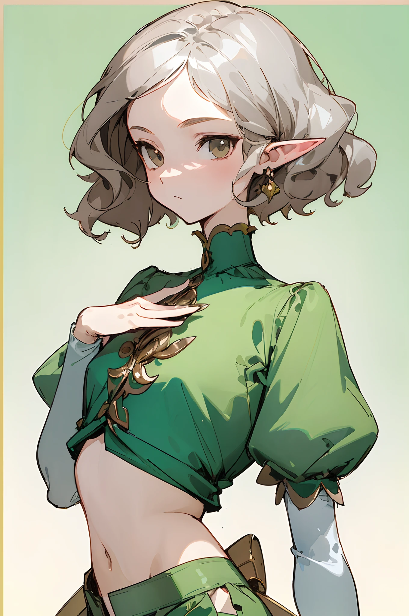 (masterpiece, best quality) detailed, 1Character , blue archive art style , wearing a green crop top , brown shorts , puffy sleeves , elegant , Beautiful woman , pale skin , short hair , wavy hair , silver eyes , elf ears , small chest , athletic build , age 25,
, pastel washed out colors , cell shade ,
