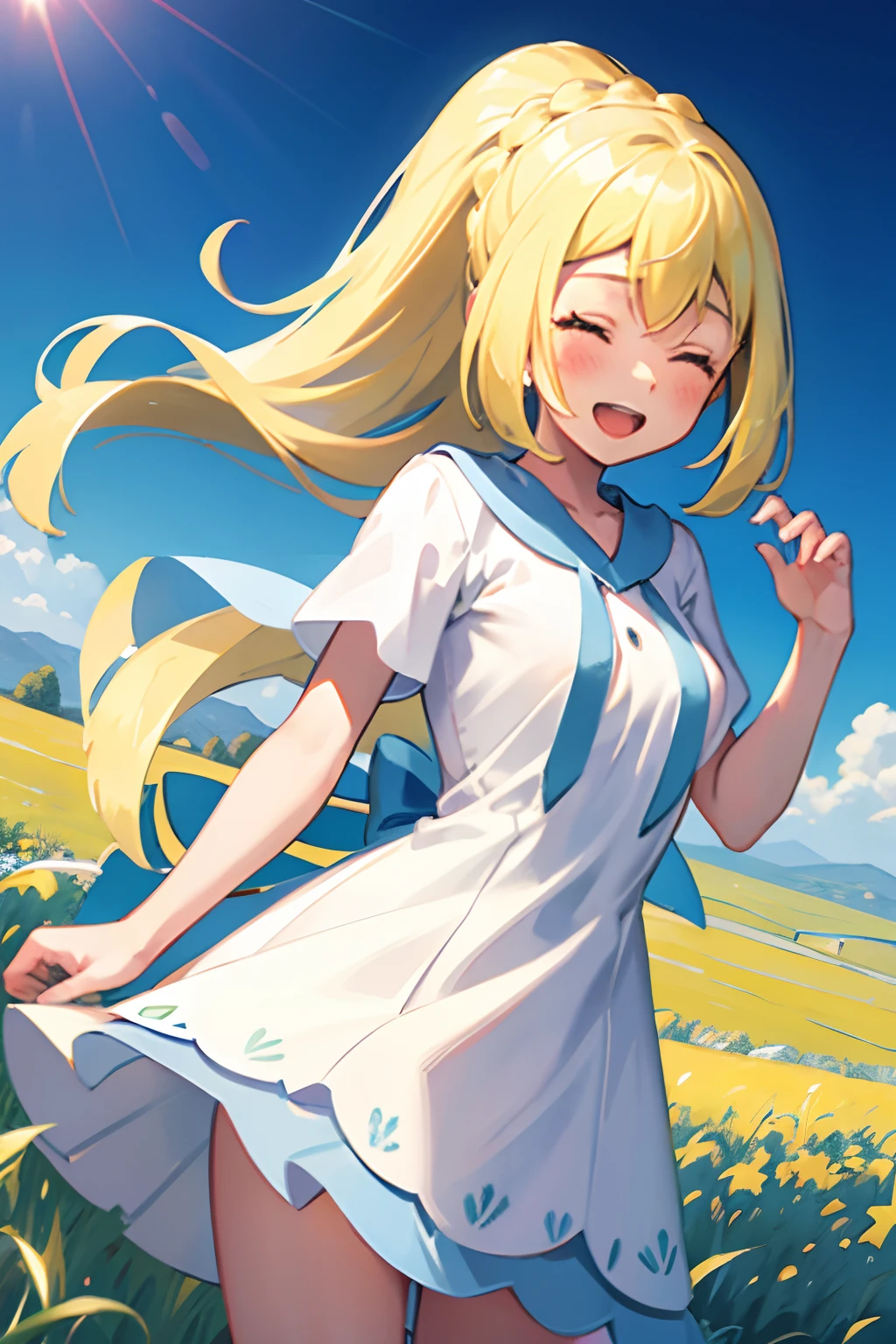 One Girl,a blond,poneyTail,lillie,Eyes closed,nimbly,Beautiful steppe,grass field,Ganbari Lilie,pokemon,White dress,Raising,verd s eyes,small tits,Smile with open mouth,Beautiful steppe,blushed face,(Close your eyes),huge smile,Top image quality,Masterpiece,Best Quality