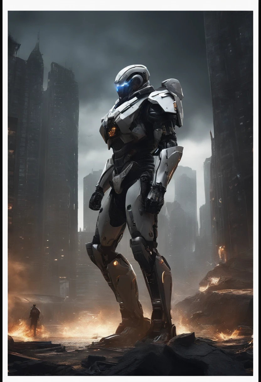 Dark_Fantasy,Cyberpunk, (Best quality, Masterpiece),white,1man,Mechanical marvel,Robotic presence,Cybernetic guardian,wearing a cybernetic jacket,city, highest quality digital art, Stunning art, wallpaper 4k, highly detailed, military robot,army, warzone,black and white, highest quality digital art, Stunning art, wallpaper 4k,8k,64k, HD, unparalleled masterpiece, dynamic lighting, cinematic, epic, damaged mechanical parts