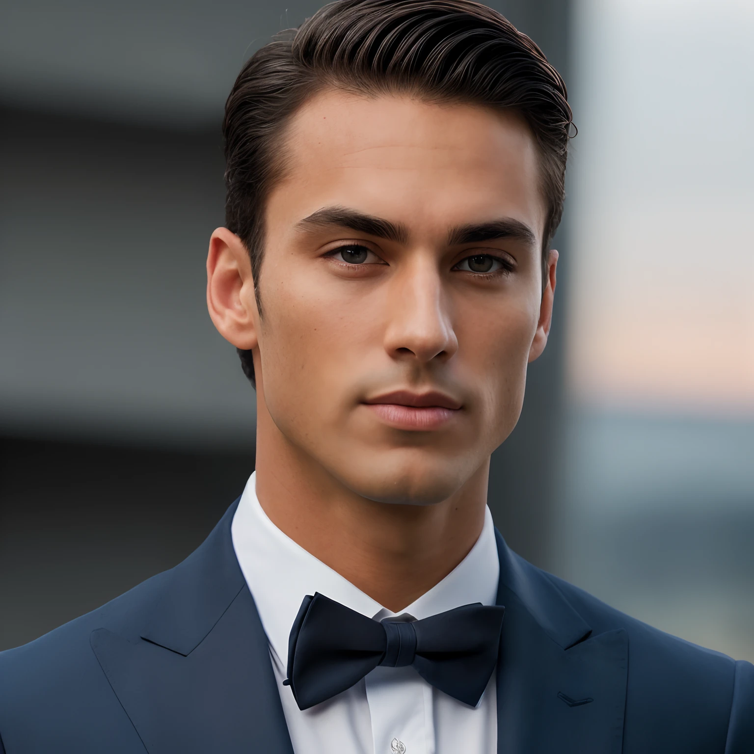 1man tanned with dark blue eyes, 25 years old athletic built wearing a blazer, dressed classy, male focus, nsfw, 3D, realistic normal hue, central, tall, burly, highres, slender build, perfect anatomy, skin texture, thick dark short hair, shallow eyebrow, symmetrical eyebrow, dark blue eyes, symmetrical eyes, big straight nose, closed mouth, broad shoulders, soft smile, handsome, from front, looking ahead at viewer, day, masterpiece, best quality, hyper-detailed, intricate detail, professional photography, matte, bright, the most beautiful ever seen, post processing, dreamatic lighting, ambient lighting, epic composition, ultrawide shot, uplight, raytracing reflections, depth of field, sunset in the background