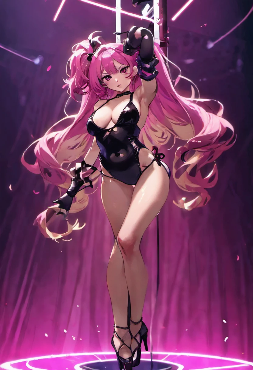 (((perfect body))),(((perfect face))),(((masterpiece))), (((best quality))), (ultra-detailed),sakura minamoto,full body,sexy,(((dancing in a stripper pole))),(((wearing black thong and high heells))),1 girl,strip club , stripper pole,dancing sexy, flirty look, (((showing ass))