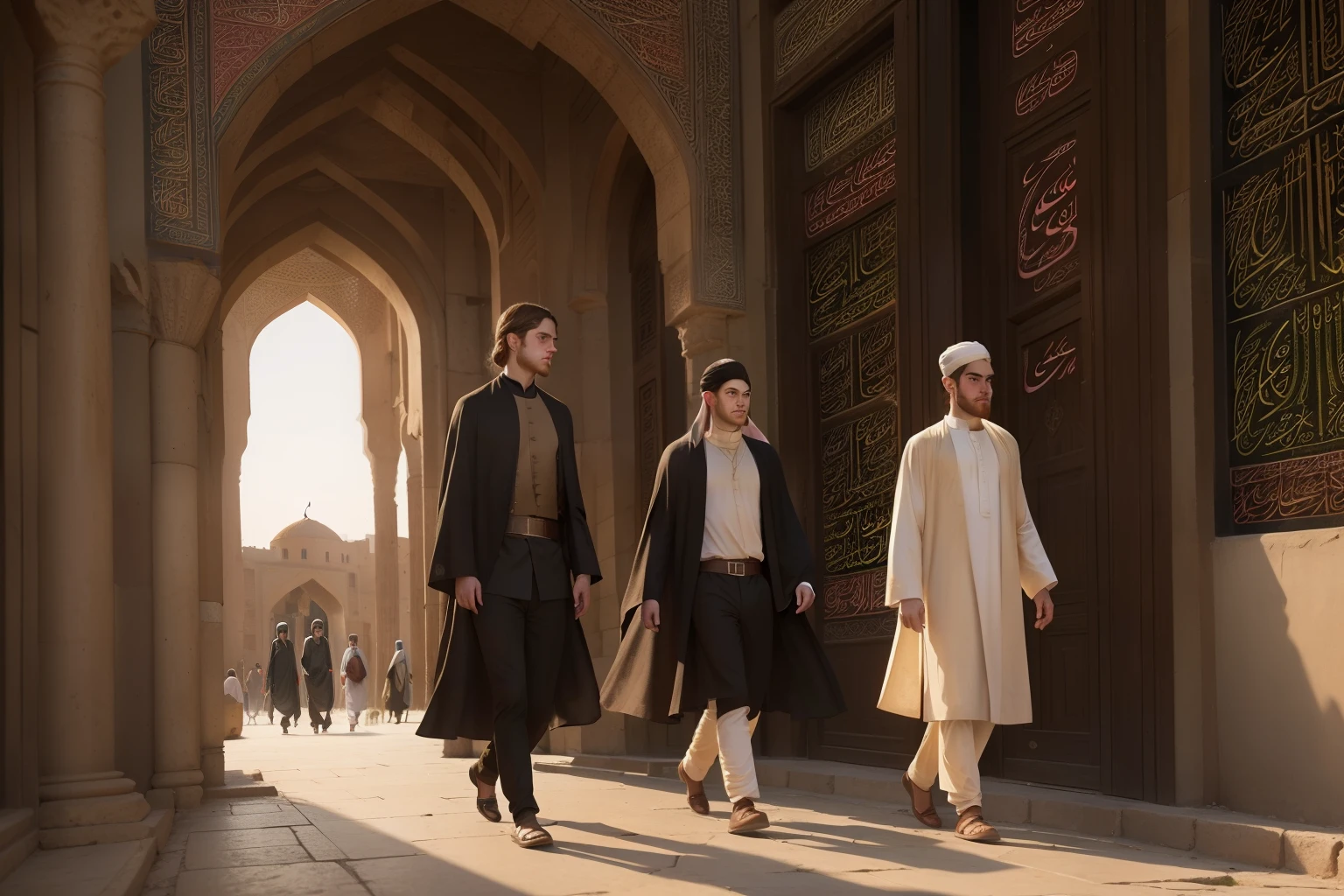 Year: 11th century. Location: Shiraz. Pre-raphaelite scene with a 22-year-old (english man), physician, with two more young men, walking through empty (rose quartz) streets, ((ominous feeling)) ((fear)), ((((11th century qamis)))) ((11th century hairstyle)), (((cinematic style)))