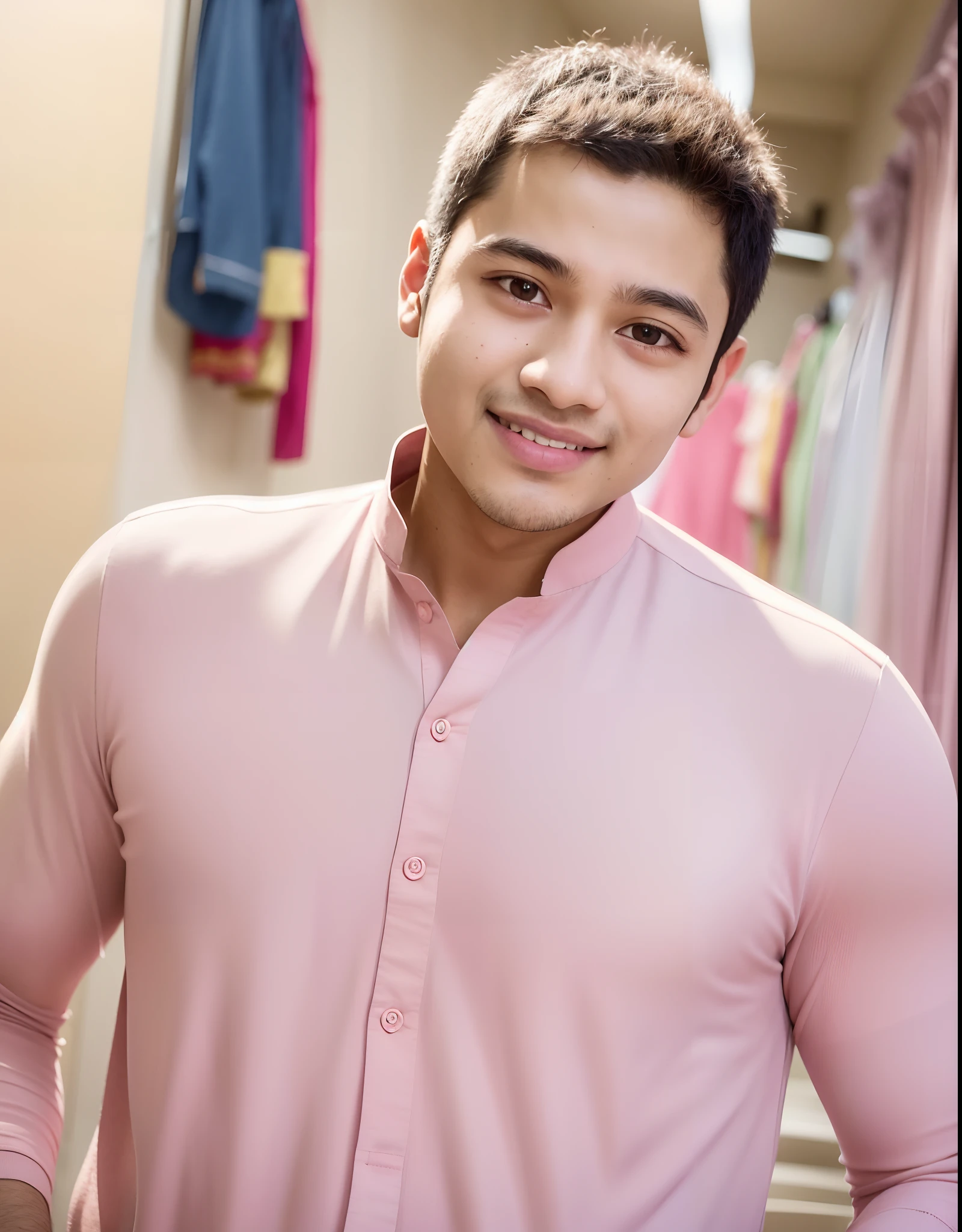 arafed man in a pink shirt standing in a hallway, very very low quality picture, with accurate face, with lovely look, with a beautifull smile, candid picture, ayan nag, around 1 9 years old, wearing a kurta, with kind face, friedly smile, riyahd cassiem, vastayan, inspired by Saurabh Jethani