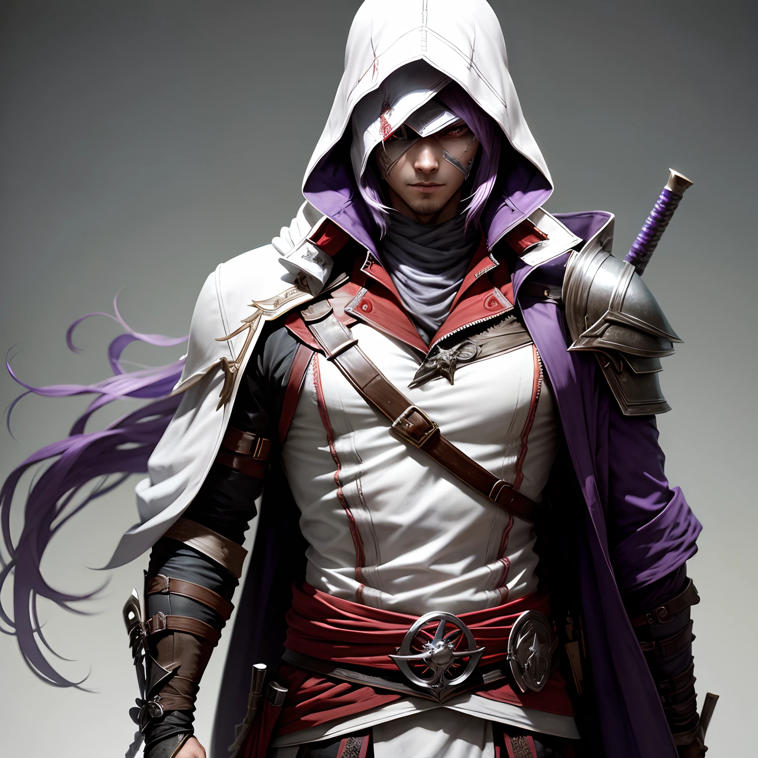 Assassins creed inspired cyberpunk outfit, male, purple hair, white streak in hair, hidden blade, katana, simple background, mask