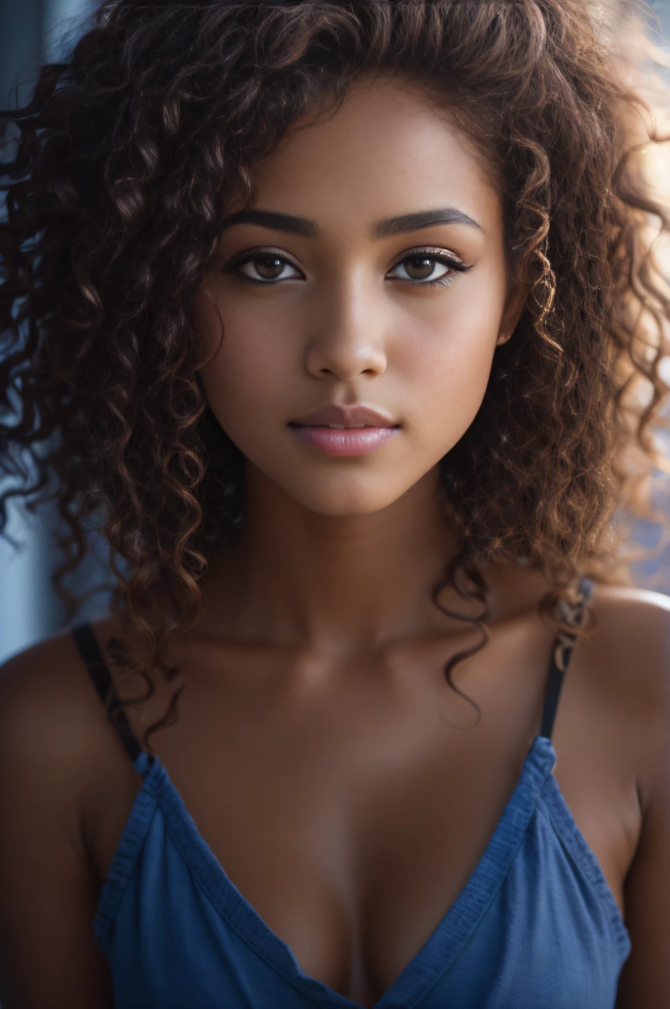 Masterpiece. Best quality, Young woman with black skin with brown eyes and curly hair posing for a photo, soft portrait shot 8 k, belle jeune fille, Belle image portrait, photo of a beautiful woman, visage et yeux parfaits, magnifique portrait de visage, belle jeune femme, Belle photo portrait, beautiful model girl, extremely beautiful face, Very beautiful young woman, beautiful girl model, Beautiful 8K UHD portrait lighting, DSLR, High quality, grain du film, Fujifilm XT3