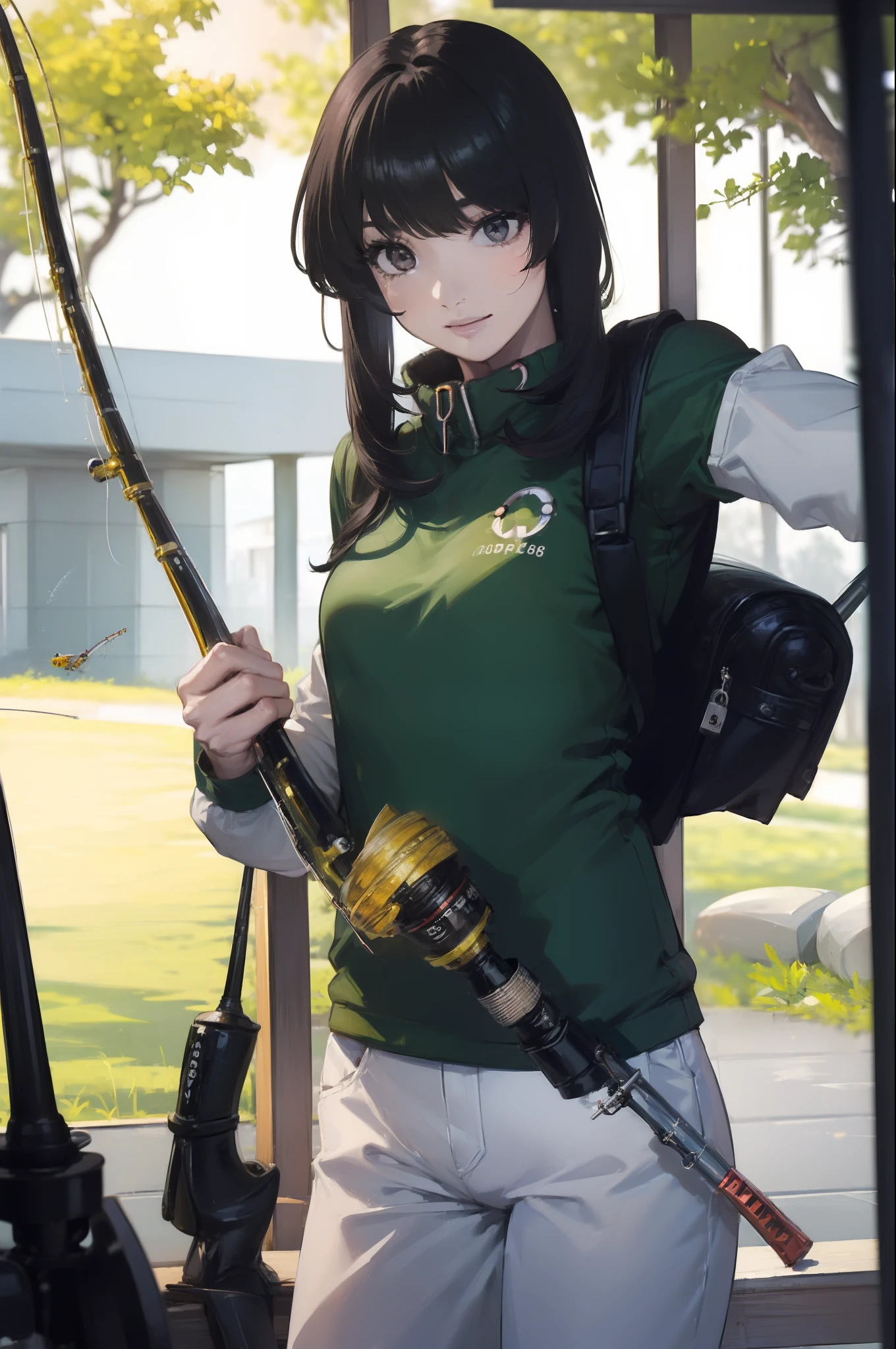 ((((Have a fishing rod with a reel:1.5)))),((Female 28 years old)),((Best Quality:1.5)),(((Fine fingers、Ratio 4 fingers and 1 thumb,detailed arms,detailed human hands))),(((Hands with the correct number and structure of fingers:1.4))),((Lakeside:1.37)),hight resolution,ultra-detailliert,​masterpiece,best qualtiy,(Eight-headed body),(1 fishing rod,Holding a fishing rod in your hand,Fishing lure rod,Fishing Reels,Long Sleeve Outdoor Vest,Long pants for fishing,Big backpack),thin and long legs,Beautiful hip line,Beautiful spine,constricted back,Toned waist,beutiful breast),,Gentle smile,shiny lip,(1 fishing rod,Straight stretch fishing rod,Long fishing rod,Woman fishing with fishing rod in hand),Black hair, long eyeslashes, Solid Circle Eyes, drop shadow, Atmospheric perspective,Super Detail, ccurate, small brest,top-quality, blurry backround, bokeh dof:1.2, (​masterpiece:1.3), Atmospheric perspective,Super Detail,dynamic compositions, Ultra High Quality,