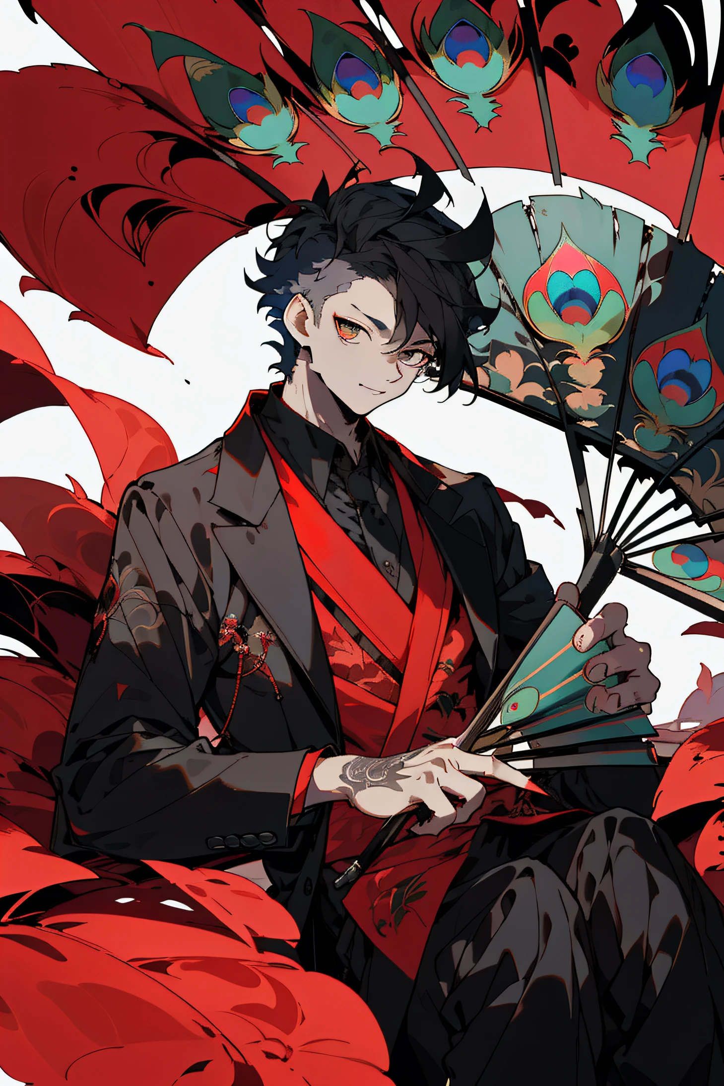 male people，Black peacock，Red texture，mistic，high and cold，Handsome，Folding fan in hand