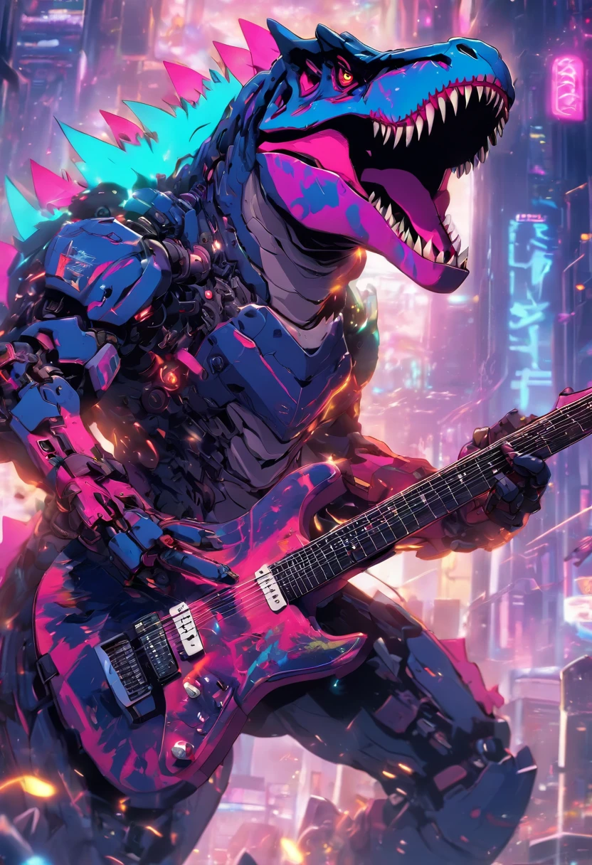 Mecha T-rex with punk outfit playing electric guitar, vibrant colors and dynamic lighting, rock concert atmosphere, detailed metallic body, sharp focus, high-resolution rendering, dystopian landscape, futuristic sci-fi style