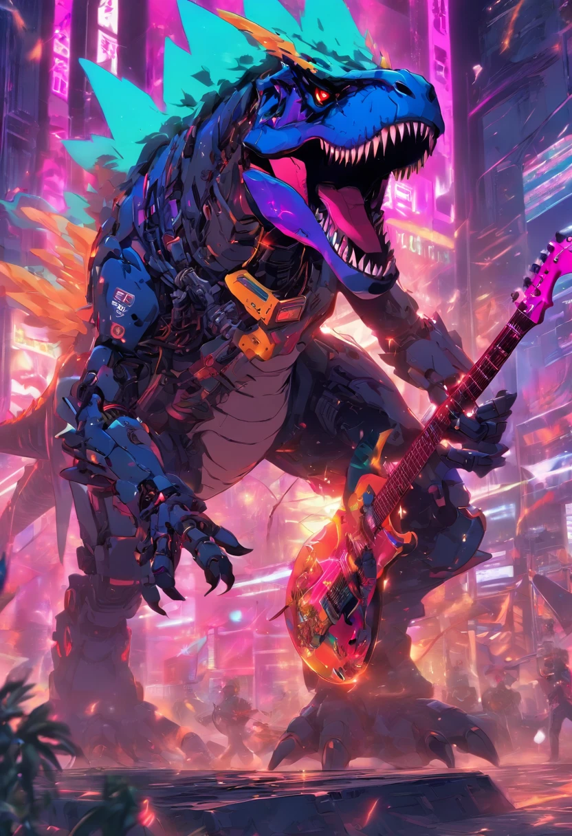 Mecha T-rex with punk outfit playing electric guitar, vibrant colors and dynamic lighting, rock concert atmosphere, detailed metallic body, sharp focus, high-resolution rendering, dystopian landscape, futuristic sci-fi style