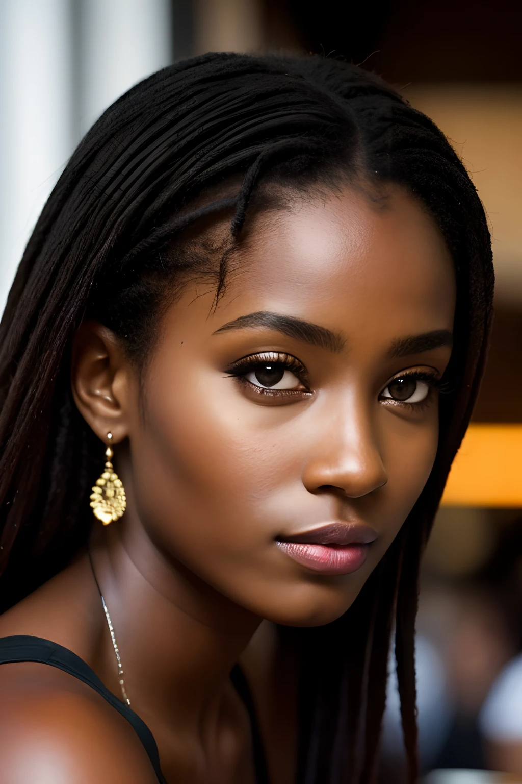 (8k, Photo brute, Highest quality), Beautiful Ebony Girl, corps entier, Poils sarcelle, yeux sarcelle, triste, gros plan, mini jupe et chemisier e, (detailled eyes:0.8), (looking at the camera:1.4), (Highest quality), (meilleure ombre), Intricate details, interior, Warm Light, muted colors, (Contraste To8Style), Assis dans un restaurant