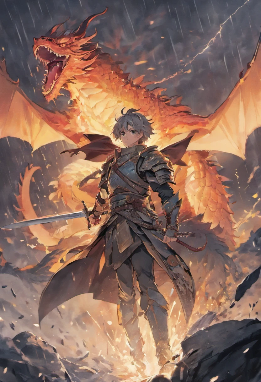 dragon-riding, guy, longsword, silver-armor, bloody, war, battlefield, smoking-background, rain, cloudly, storm, horror, masterpiece, explosion-background