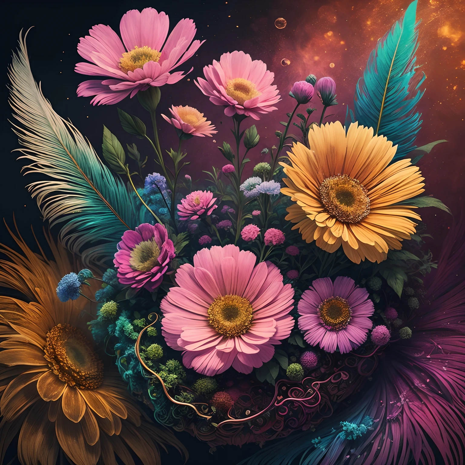 Realistic Flower Cosmos:1.5,Beautiful feathers:1.3,top-quality,Best Quality,Beautiful and mysterious flowers,Extremely detailed,Fractal Art:1.3,Colorful:1.4,highest details,Zentangle:1.2,Dynamic,Abstract background:1.3