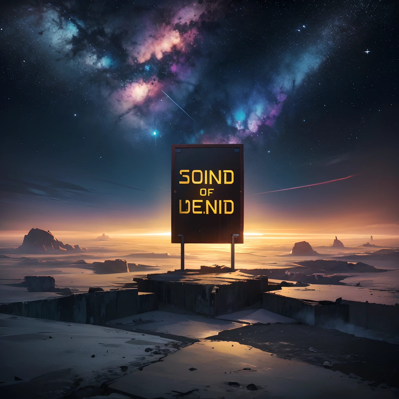 horizon, dead end of world, space background, a sign saying "Dead End", (a sign: huge, floating in universe), wall, landmark