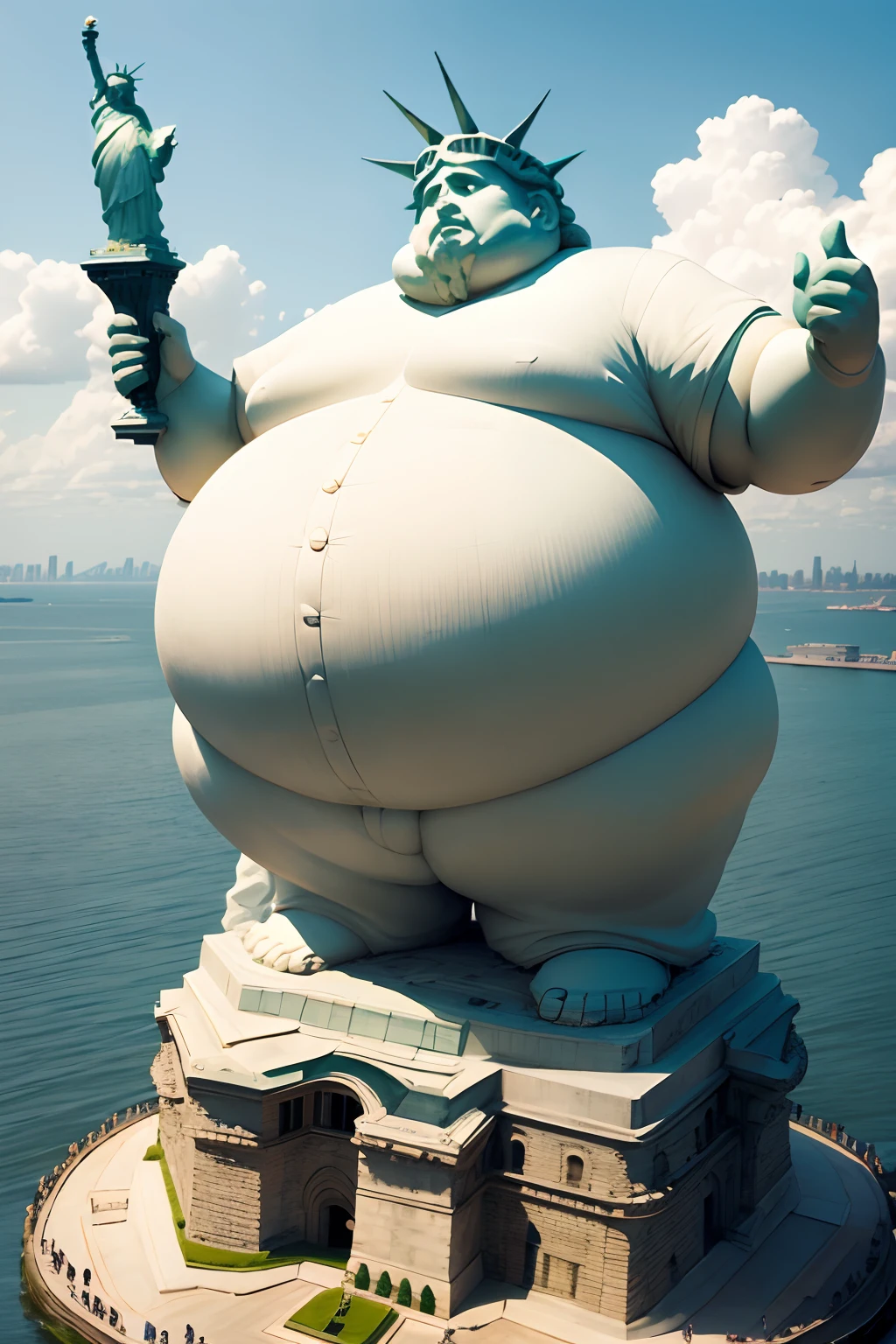Fat man is flown from the Statue of Liberty