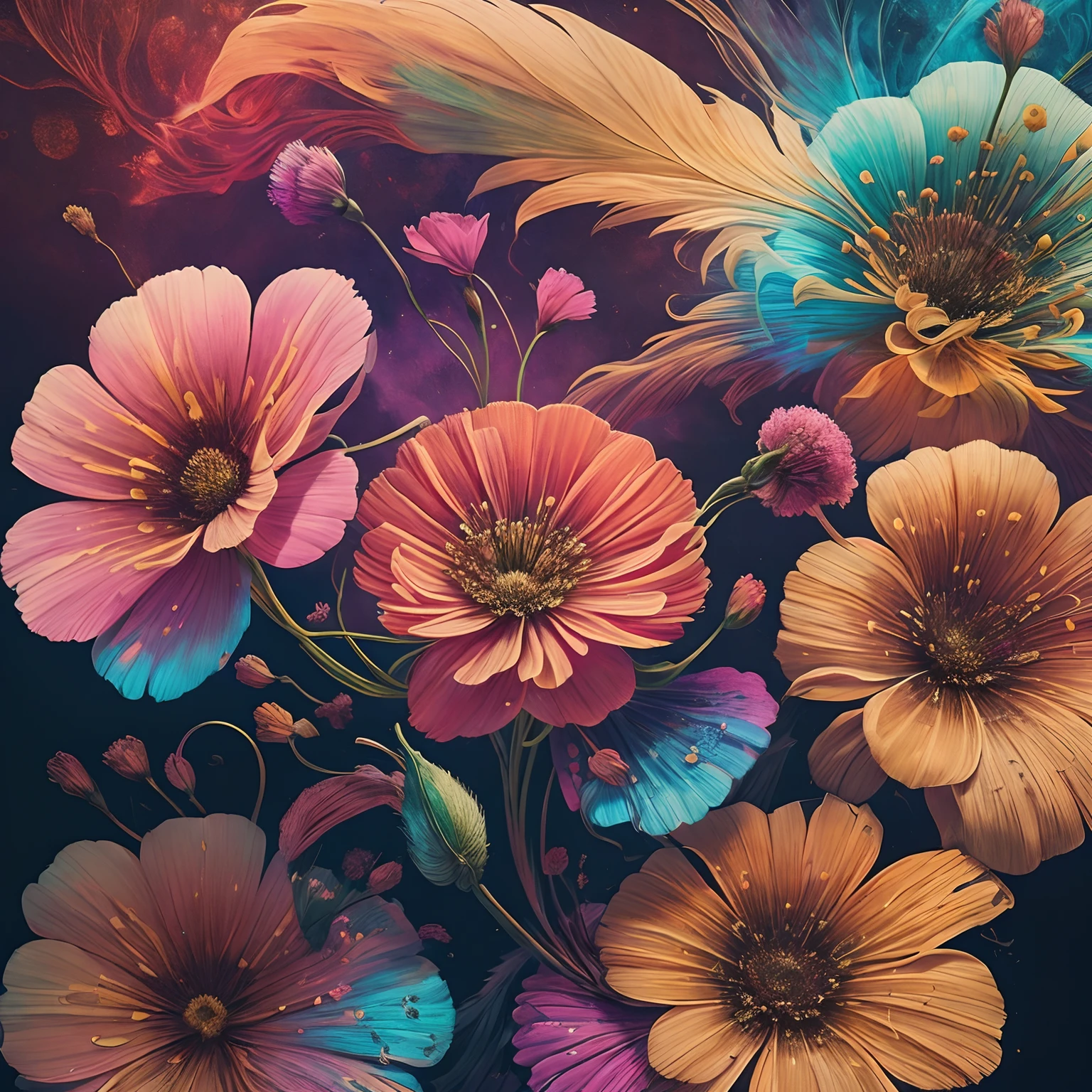 Realistic Flower Cosmos:1.5,Beautiful feathers:1.3,top-quality,Best Quality,Flowers are beautiful and mysterious flowers,Extremely detailed,Fractal Art:1.3,Colorful:1.4,highest details,Zentangle:1.2,Dynamic,Abstract background:1.3