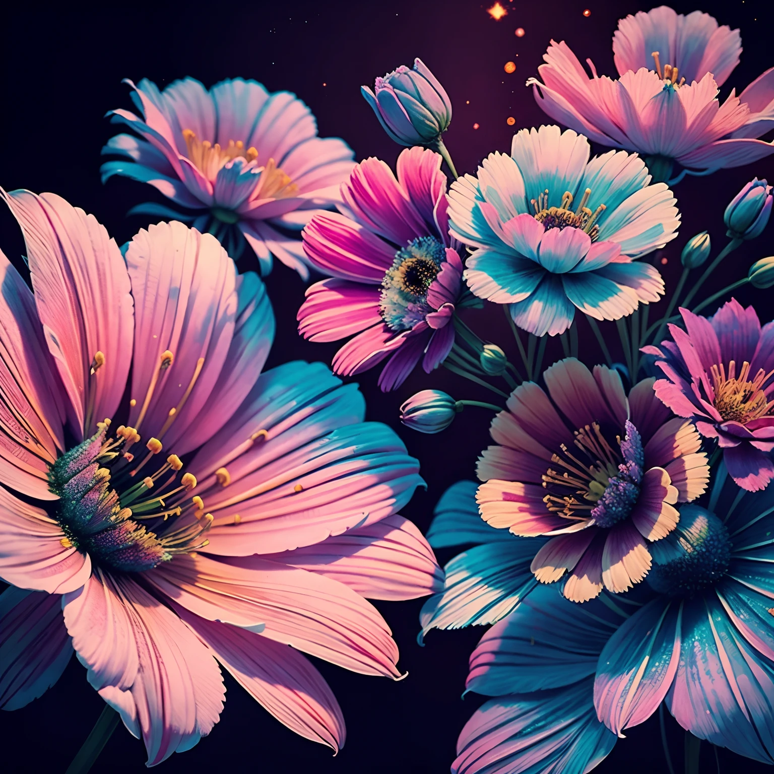 Realistic Flower Cosmos:1.5,top-quality,Best Quality,Beautiful and mysterious flowers:1.2,Extremely detailed,Fractal Art:1.2,Colorful:1.4,Flowers:1.3,highest details,Zentangle:1.2,Dynamic,Colorful feathers on background:1.4