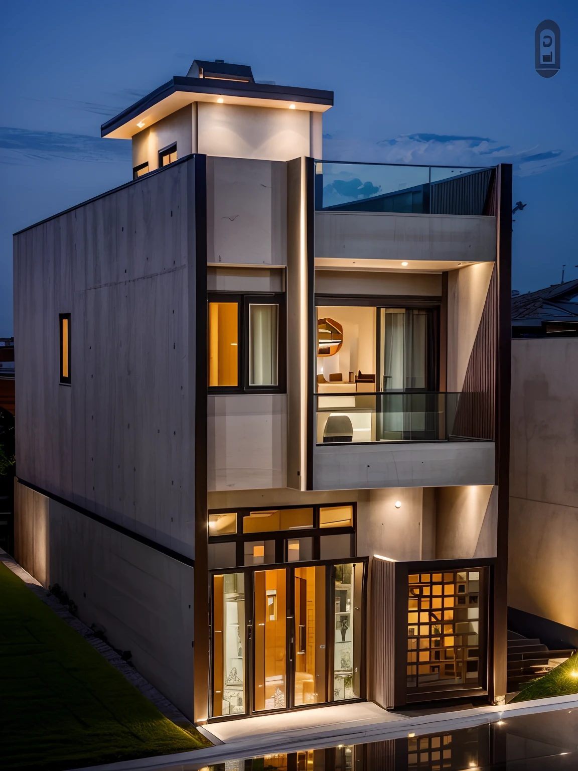 exterior of modern house in a city, slope roof, glass balcony, glass door and window, stone paverment, street road, neighbor house behind,