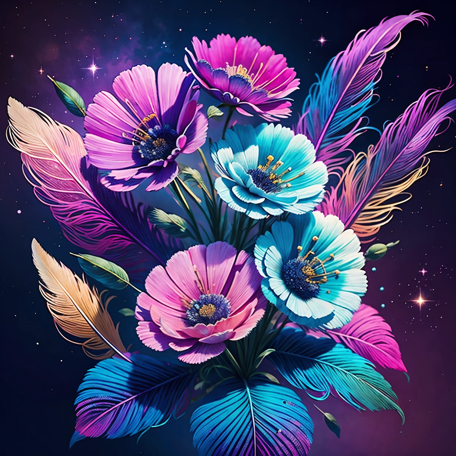 cosmos,top-quality,Best Quality,Beautiful and mysterious flowers:1.2,Realistic Cosmos:1.5,Extremely detailed,Fractal Art:1.2,Colorful:1.1,Flowers:1.3,highest details,Zentangle:1.2,Dynamic,In the background there are many feathers colorful,Many colors:1.4,feather:1.4