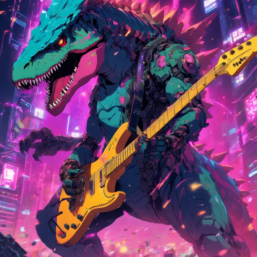 Mecha T-rex with punk outfit playing electric guitar, vibrant colors and dynamic lighting, rock concert atmosphere, detailed metallic body, sharp focus, high-resolution rendering, dystopian landscape, futuristic sci-fi style