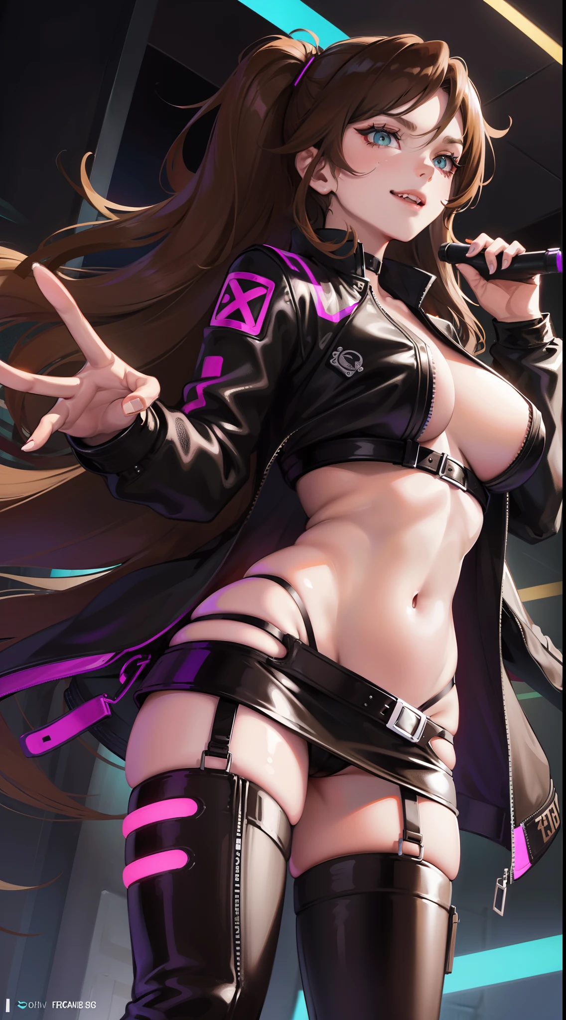 A girl, Long brown hair, Heteroromy, left violet eye, Right Golden Eye, Turquoise cyberpunk top, leather jacket, Upskirt, open belly, open breasts, large breasts, smirk, tooth, fangs, claws, hiquality, 4k, HD, Good detail