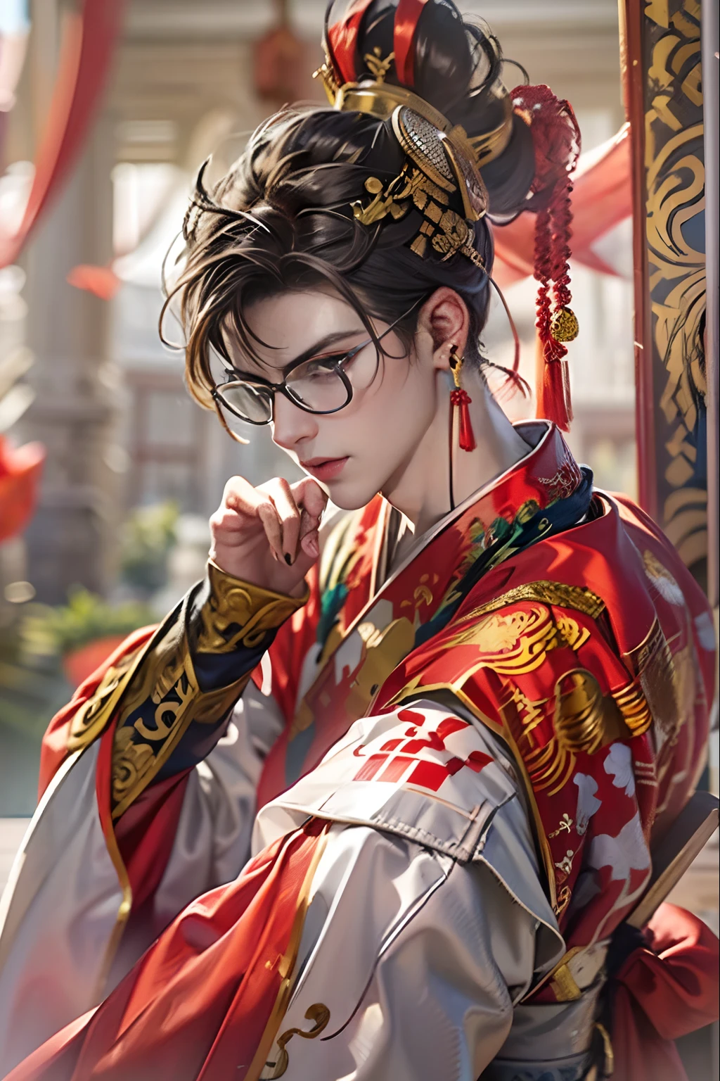 (((tmasterpiece))).(sportrait:1.3,)Palace，Hanfu groom，Red Hanfu，Solemn，(orthofacial)，(((A handsome man)))，skin detailed，(He wears a red Chinese costume，)k hd，higher details，movie picture quality，