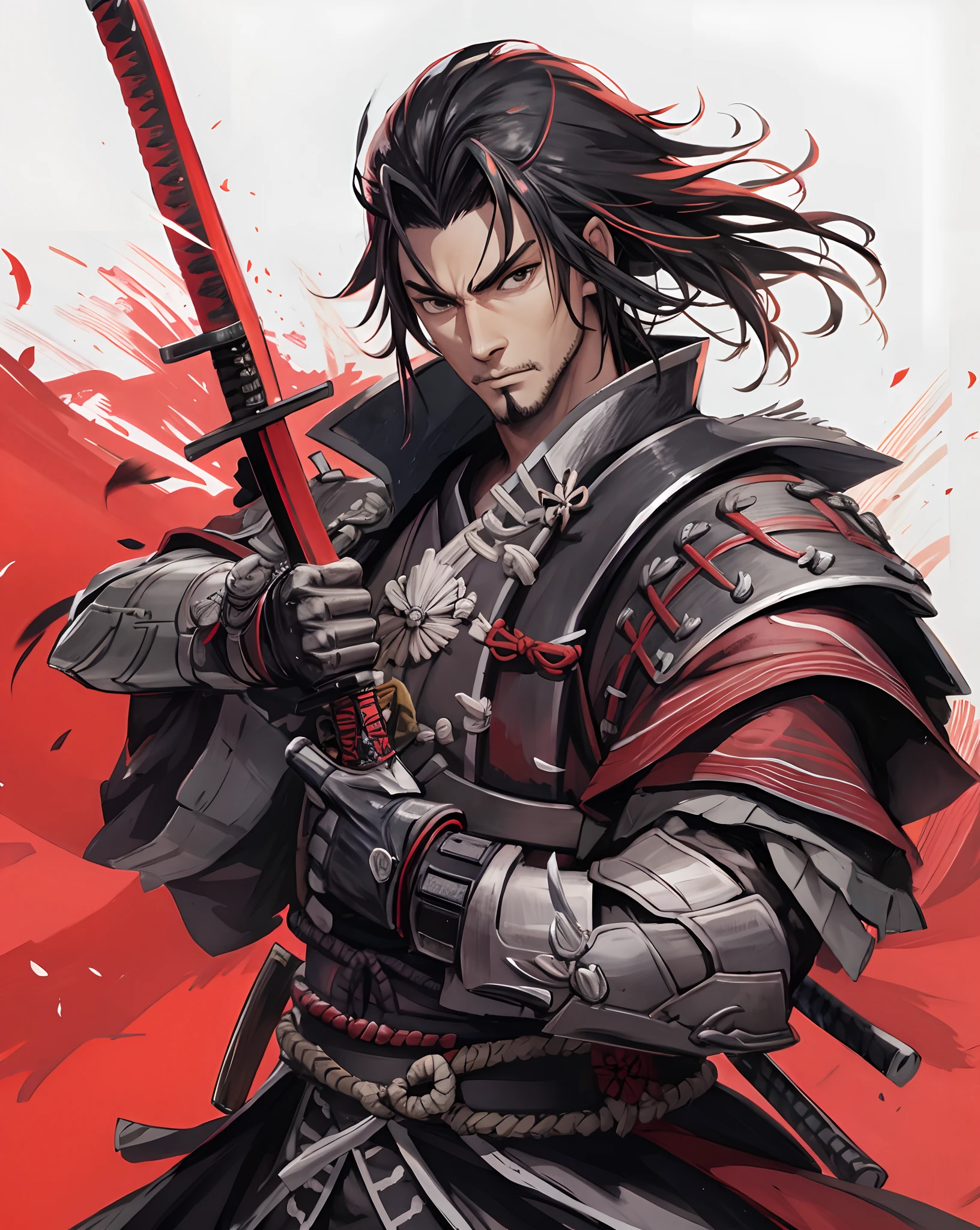 A man in armor holding a sword and a red background - SeaArt AI
