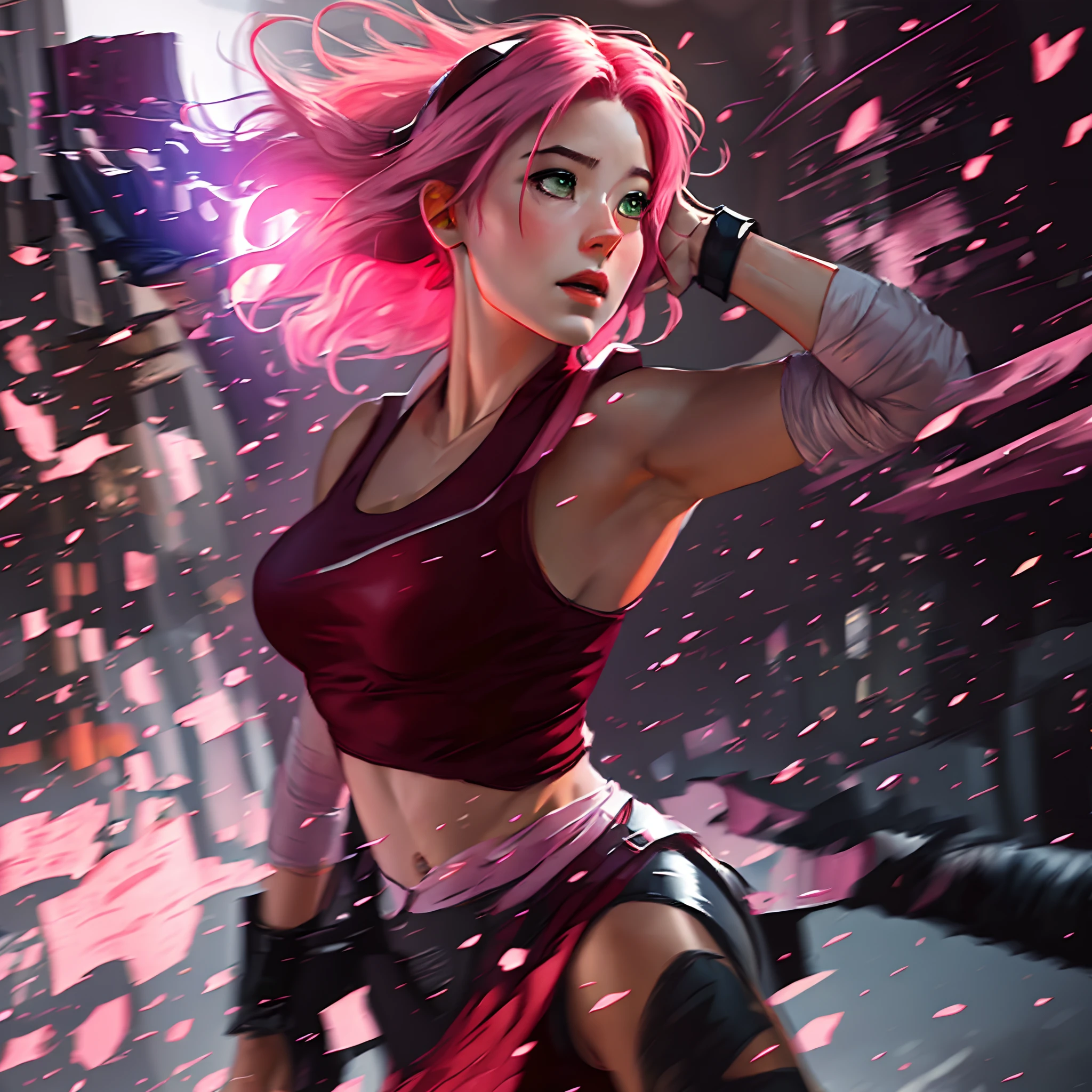 cinematic perfect style, upper body of  girl in pink leggings and a tight pink top, fat cameltoe, large breasts, nsfw,  in the style of artgerm and charlie bowater and atey ghailan and mike mignola, epic lighting, vibrant colors and hard shadows and strong rim light, very coherent, comic cover art, plain background, trending