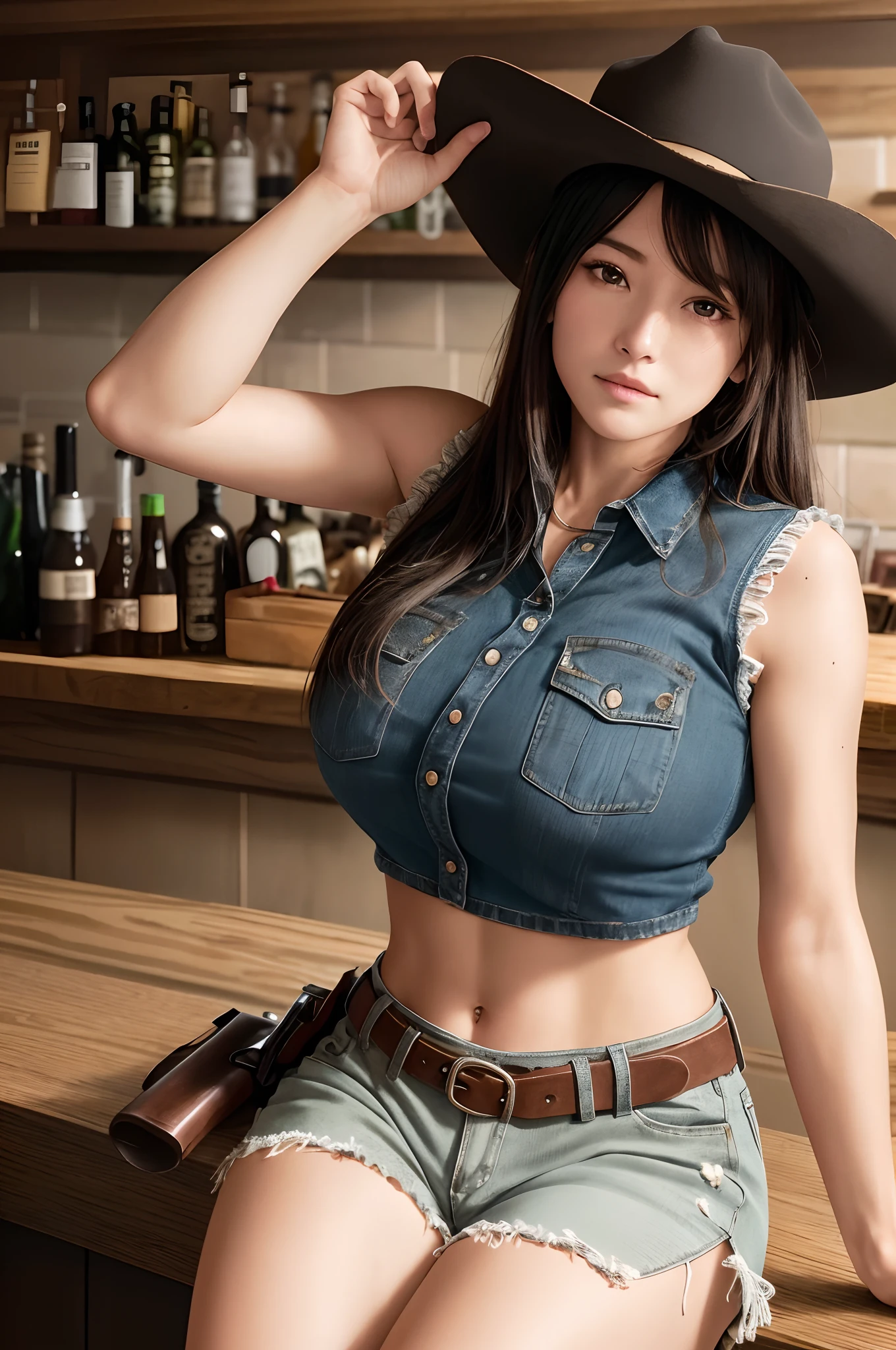 Cinematic portrait photography、octan render、8K、1girl in、Calm、Calm、(Eye for realistic details、natural skin textures、Realistic face details, Black long hair)、Soft dramatic lighting、depth of fields、bokeh dof、vibrant detail、finely detail、Surreal、100mm film、Sexy cowgirl, Beautiful cowgirl, huge breasts, big butt, Hazy blur、film、verd s eyes、Cowgirl costume, cowboy boots, fringe trim, vests, Tight shirt, Midriff, holster, bandana, Sheriff Badge, Glass on the counter, a bar counter, Wooden wall,Riding a horse to a man, cowboy hat, gun in her hand, gun in her belt, sexy look, sitting on the bar