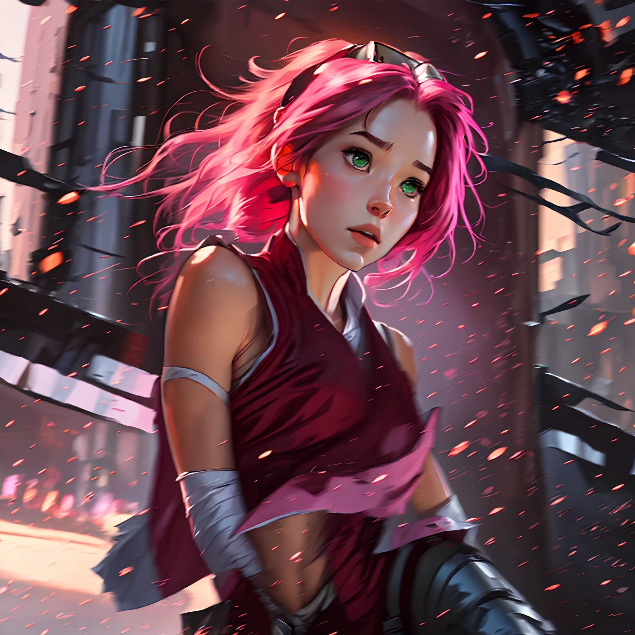(masterpiece), (best quality), realistic, cinematic light, girl, (1 girl), solo, Sakura Haruno, cool pose, battlefield background, perfect body, green eyes, pink hair