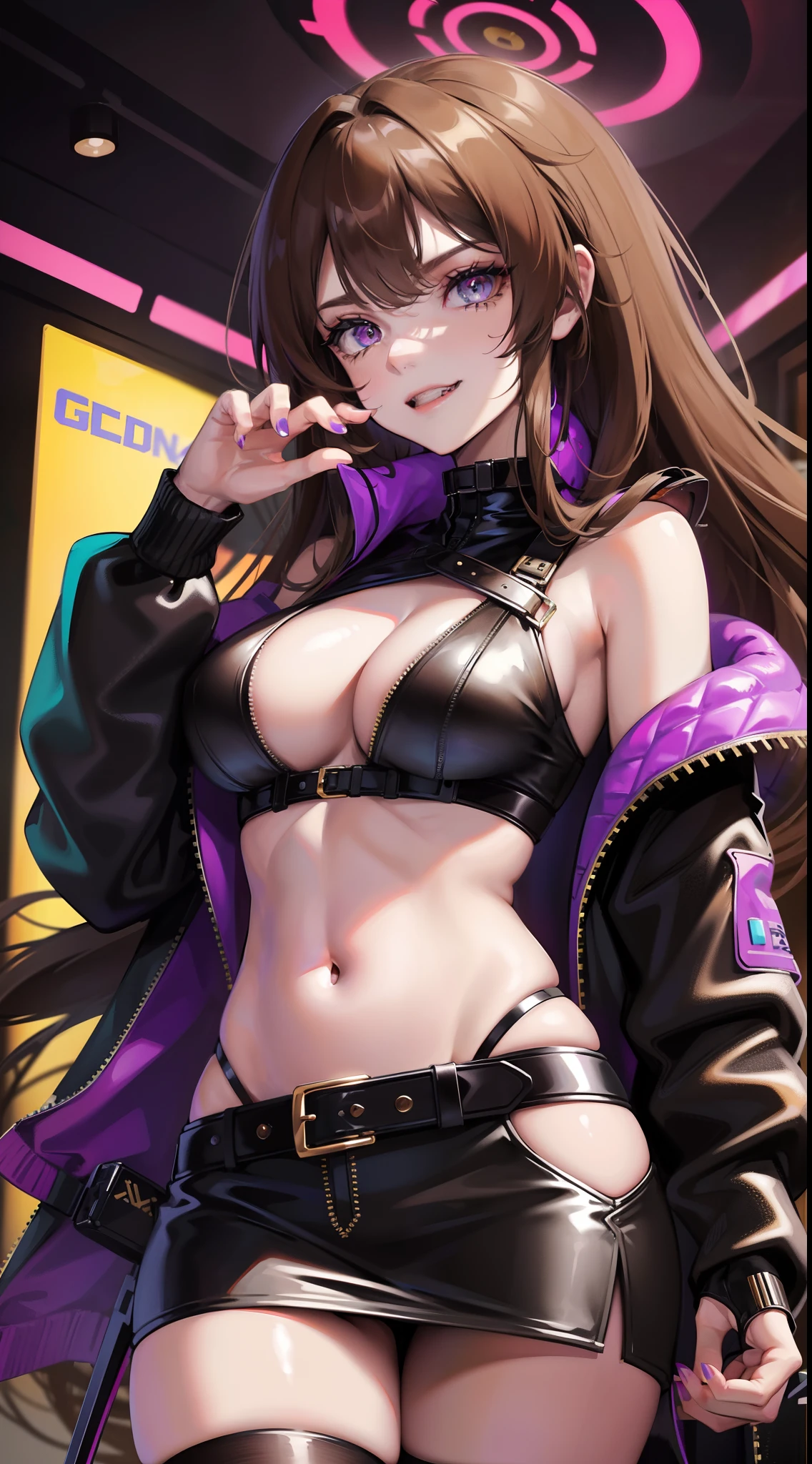 A  girl, Long brown hair, Heteroromy, left violet eye, Right Golden Eye, Turquoise cyberpunk top, leather jacket, Upskirt, open belly, open breasts, large breasts, smirk, tooth, fangs, claws, hiquality, 4k, HD, Good detail