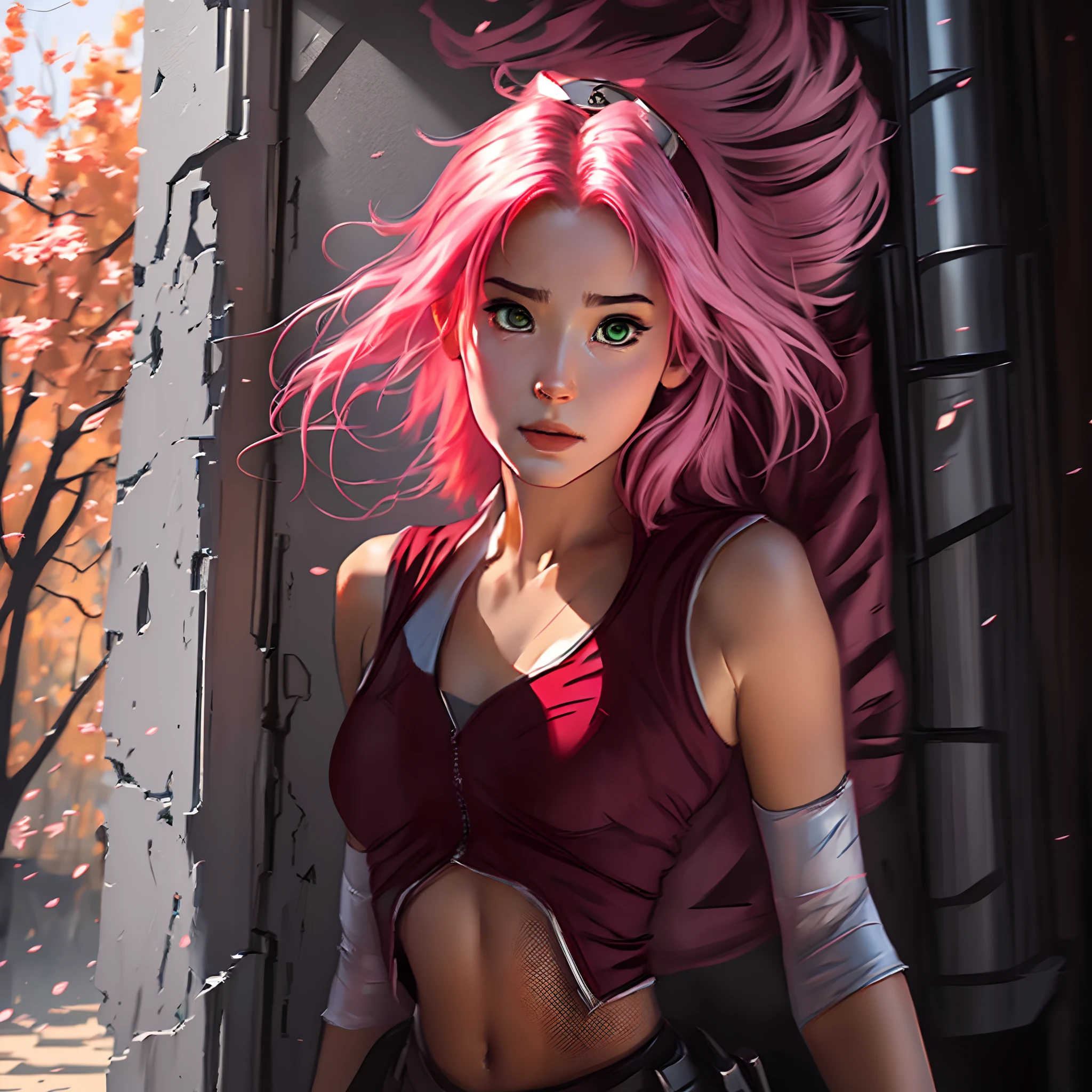 (masterpiece), (best quality), realistic, cinematic light, 16yo girl, (1 girl), solo, Sakura Haruno, cool pose, battlefield background, perfect body, green eyes, pink hair