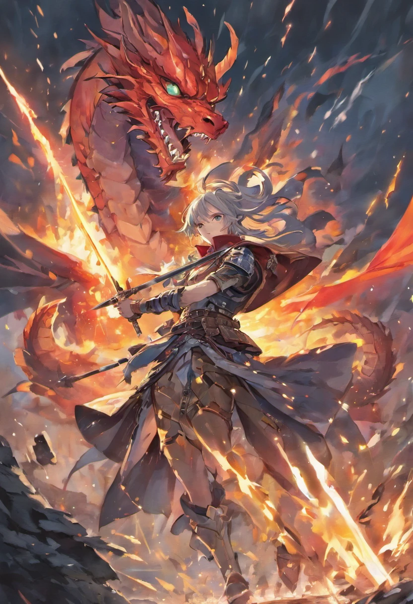 dragon-riding, guy, longsword, silver-armor, bloody, war, battlefield, smoking-background, rain, cloudly, storm, horror, masterpiece, explosion-background, facing-at-war, clashing-sword