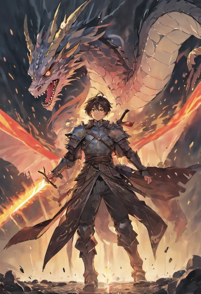 dragon-riding, guy, longsword, silver-armor, bloody, war, battlefield, smoking-background, rain, cloudly, storm, horror, masterpiece, explosion-background, facing-at-war, clashing-sword