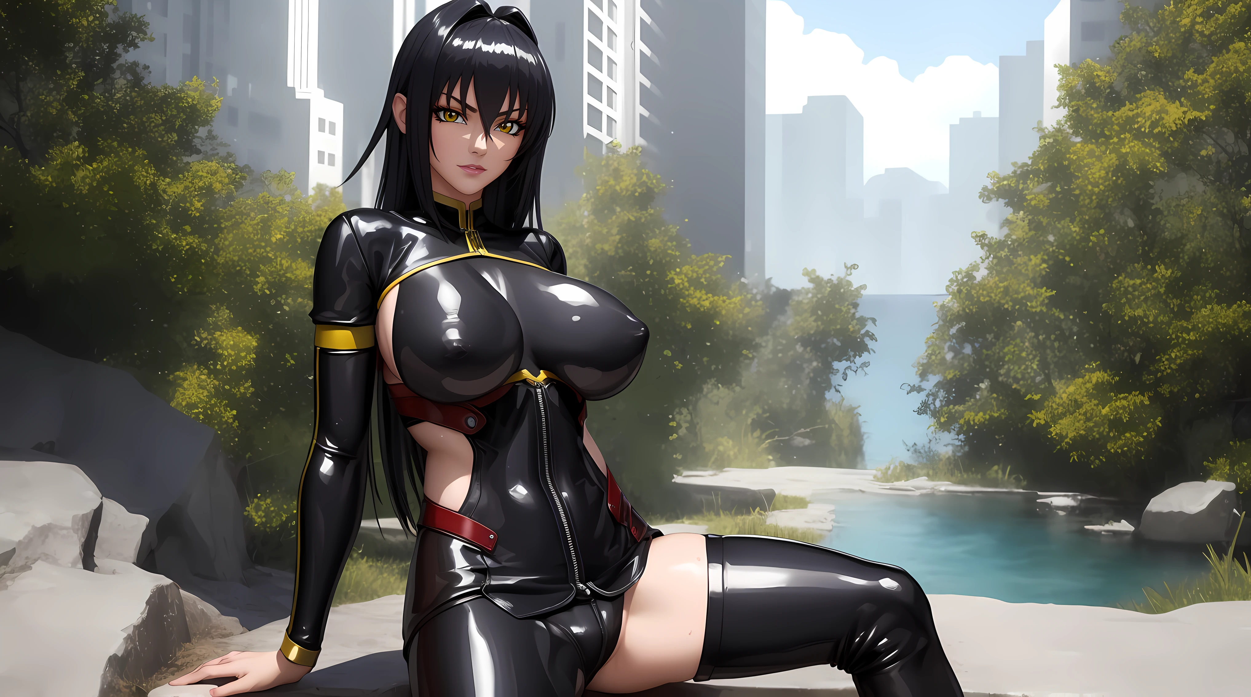 (masterpiece:1.4),(best quality:1.4), beautiful face, beautiful eyes, 1girl, solo, female mature, black hair, long hair, (yellow eyes:1.4), large breasts, black bodysuit latex, ((natural environment, bright day)), hair intakes, exquisite eyes detail, exquisite character design unreal engine details 8k hdr, professional art, landscape, (solo:1.5, 1girl:1.4), sexy body, milf, 35 years old girl, sexy waist, seductive, sitting, legs straddle