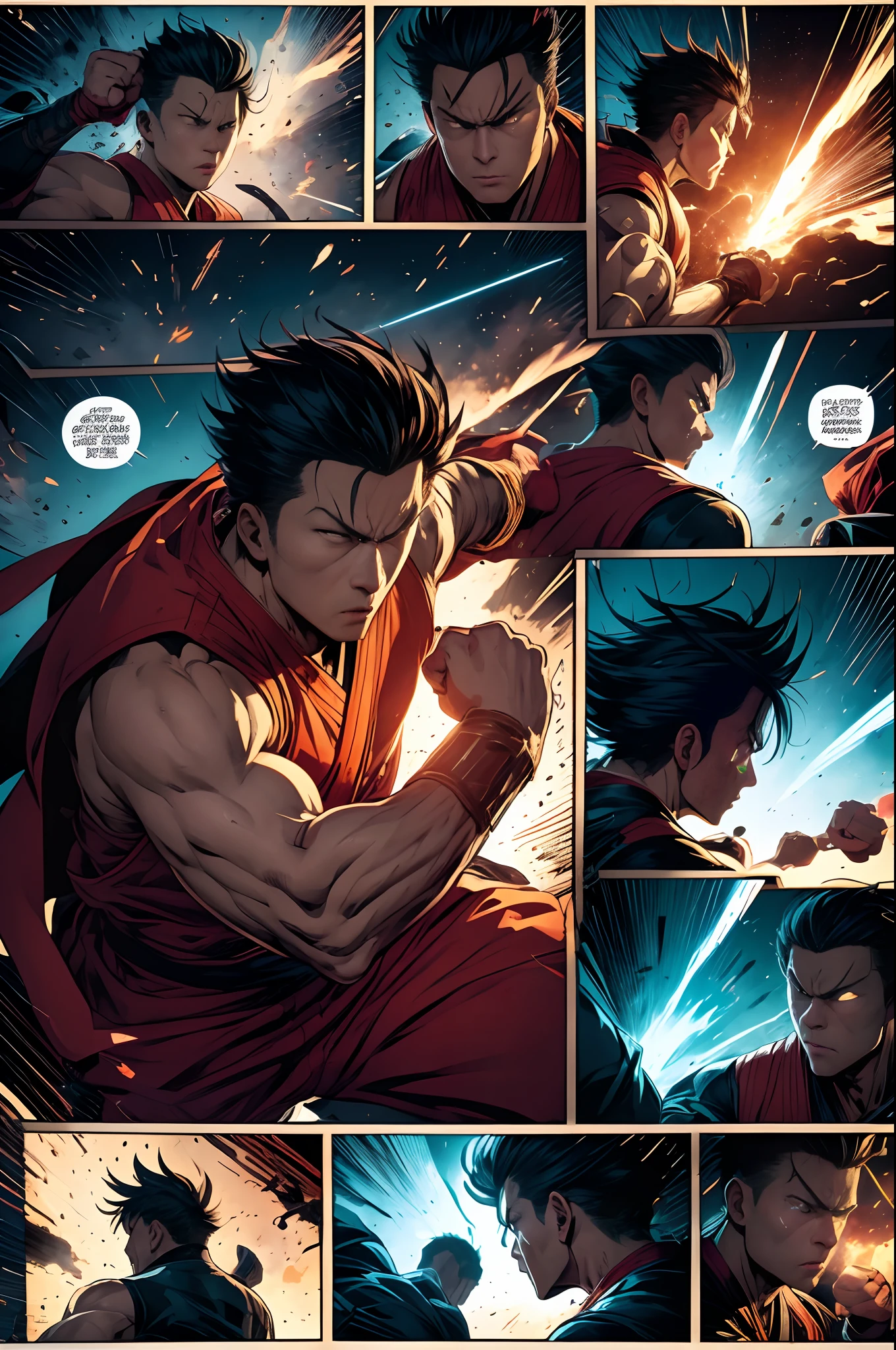 Comic book storybook::Kenjiro's eyes were filled with anger,He clenched his fists,Rush up,Deliver a fatal blow to an arrogant opponent。Chaotic streets in the background。Point lights,The character's face is clear,The protagonist is focused,Thrilling Moments - niji 5 --q 2 ---16K(Speech bubbles with text on the picture,Comic sound effect stickers)