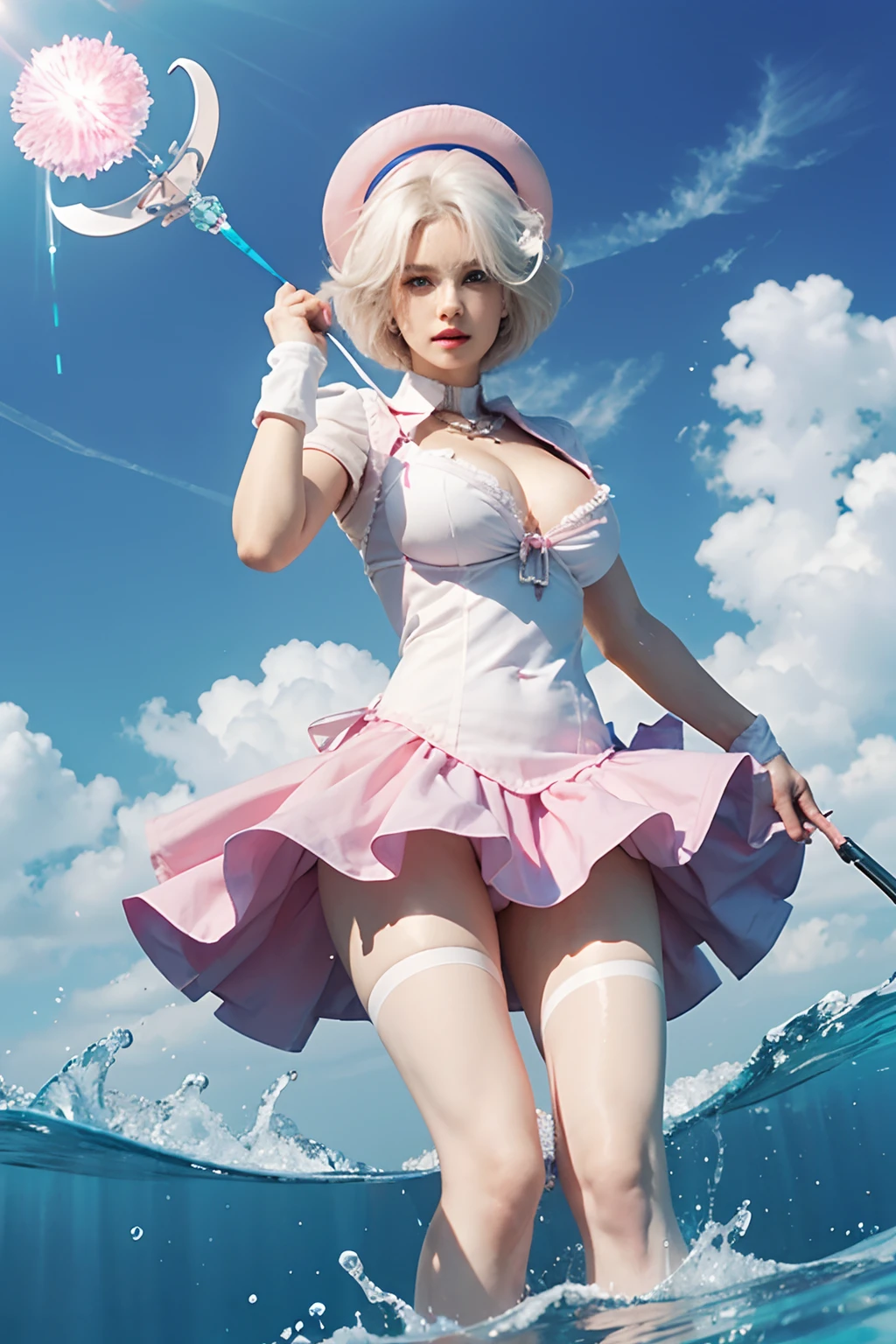 1girl,big , white hair,short hair,blue eyes,white and pink clothes,holding a staple,standing a water