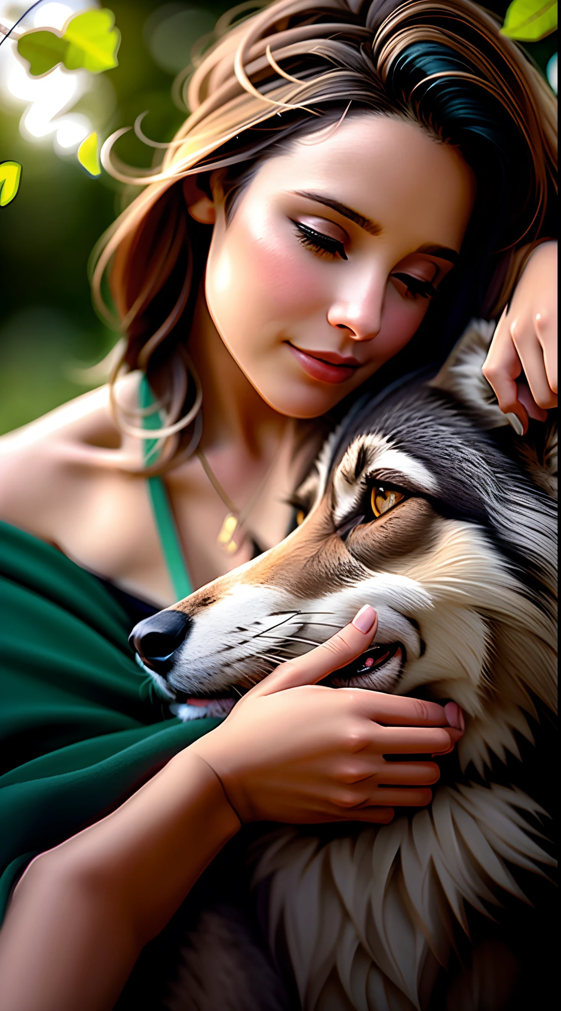 A woman is hugging a wolf in a field of leaves, wolfgirl, Magali Villeneuve», very realistic, companheiro lobo, lobo como um humano, Lobos e seus tesouros, Angiewolf, female anthropomorphic wolf, arte bonita, foto do perfil, retrato de alta qualidade, mulher linda, Directed by: Adrienn Henczné Deák, muito realista