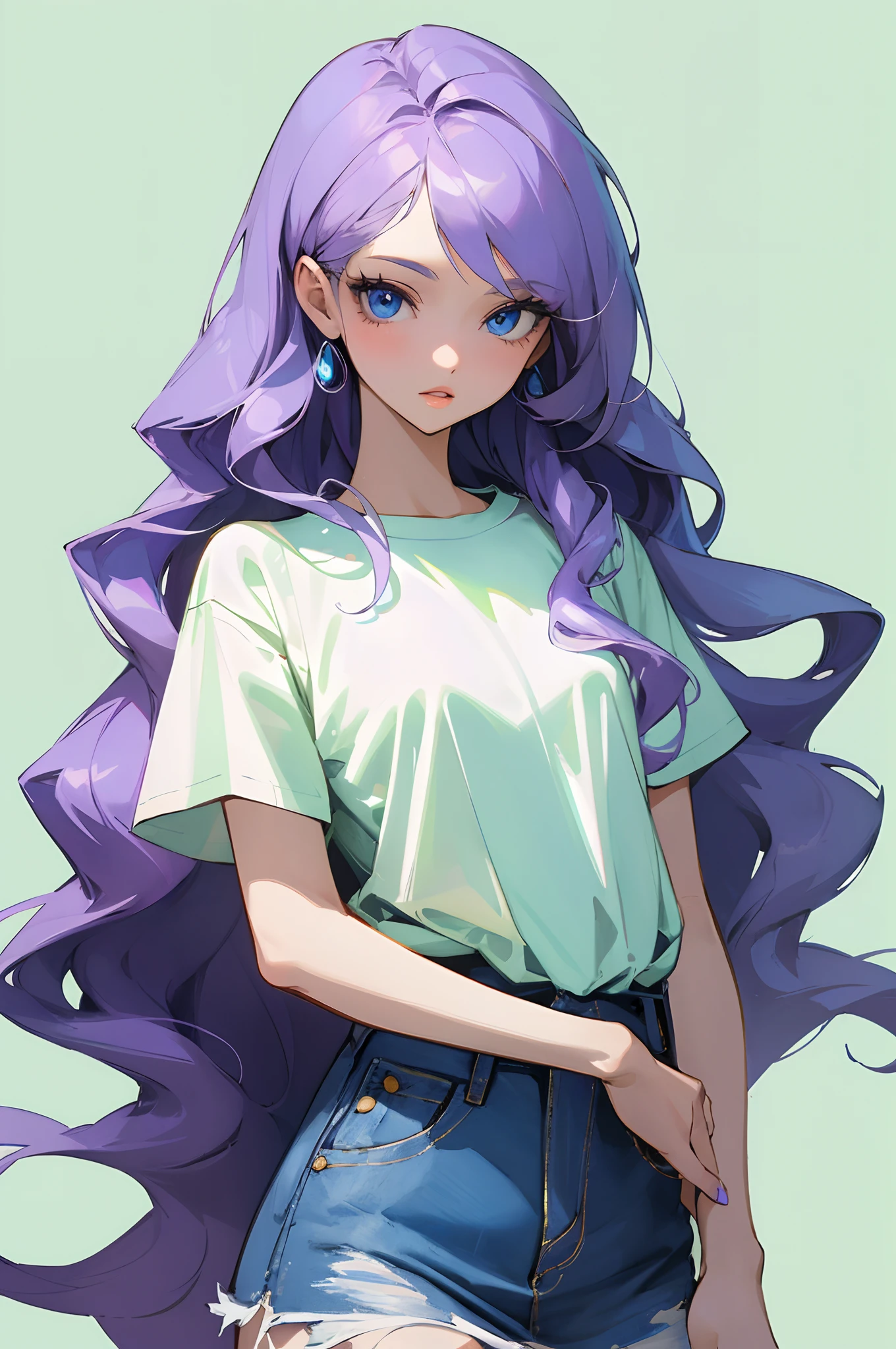 (masterpiece, best quality) detailed, 1Character , blue archive art style , wearing a white t-shirt , a band t-shirt , denim skirt , white painted nails , Stunning woman , very long hair , purple hair , bright blue eyes , long eye lashes, eye liner , full Lips , light skin , wavy hair , age 26, 
 , pastel washed out colors , cell shade ,