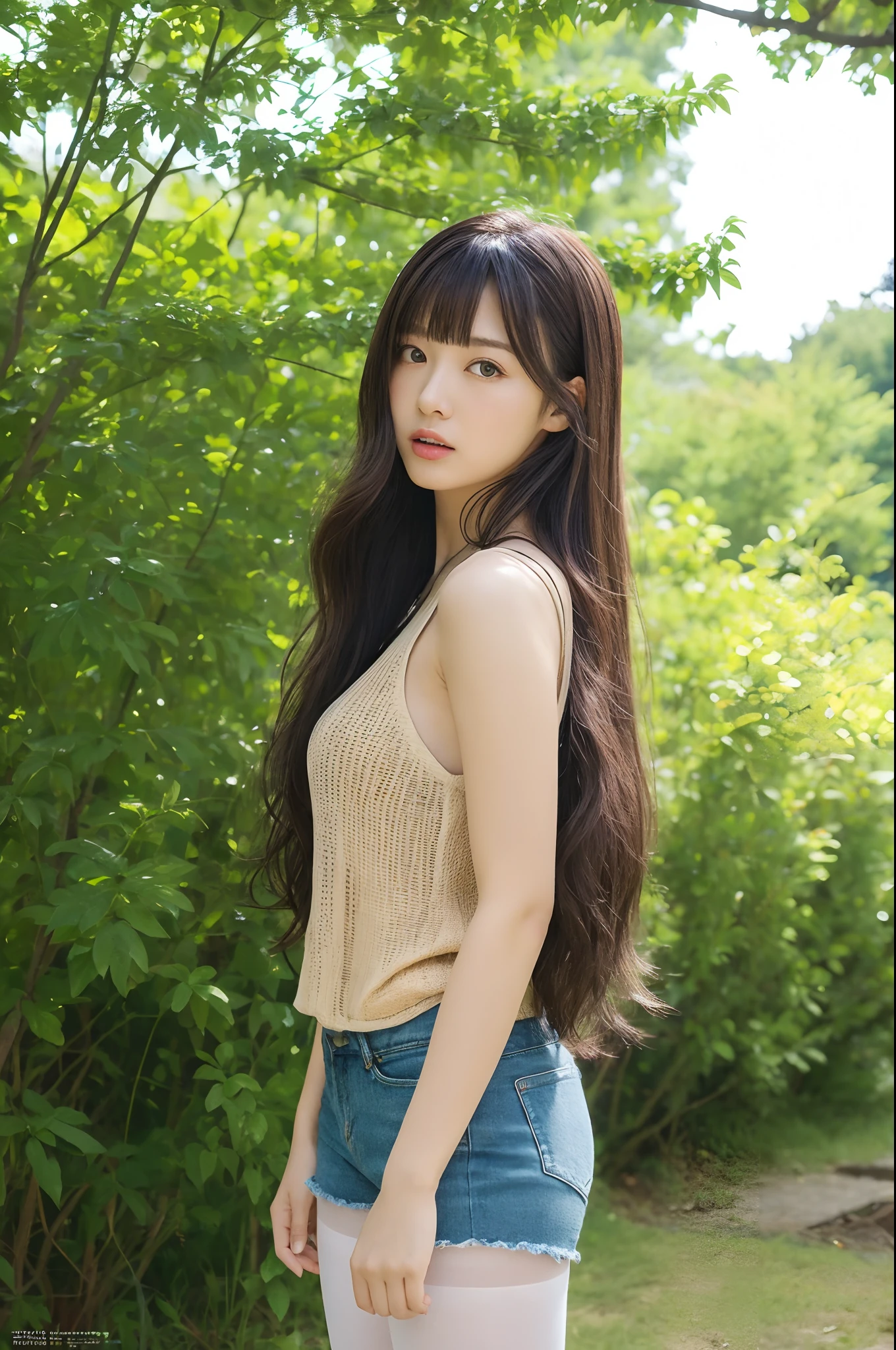 8K, Best Quality, masutepiece, Highly detailed, reallistic, girl with, 20 years old, looking hand, long dark brown hair with bangs,,Curly hair, Green eyes, Black Japanese style cut clothes, White shorts, Wearing ultra-realistic pantyhose、Bare shoulders, make - up、golden details, Cold expression, Battle Scenes, Outdoors, Forest background, lots of trees々And the dark sky