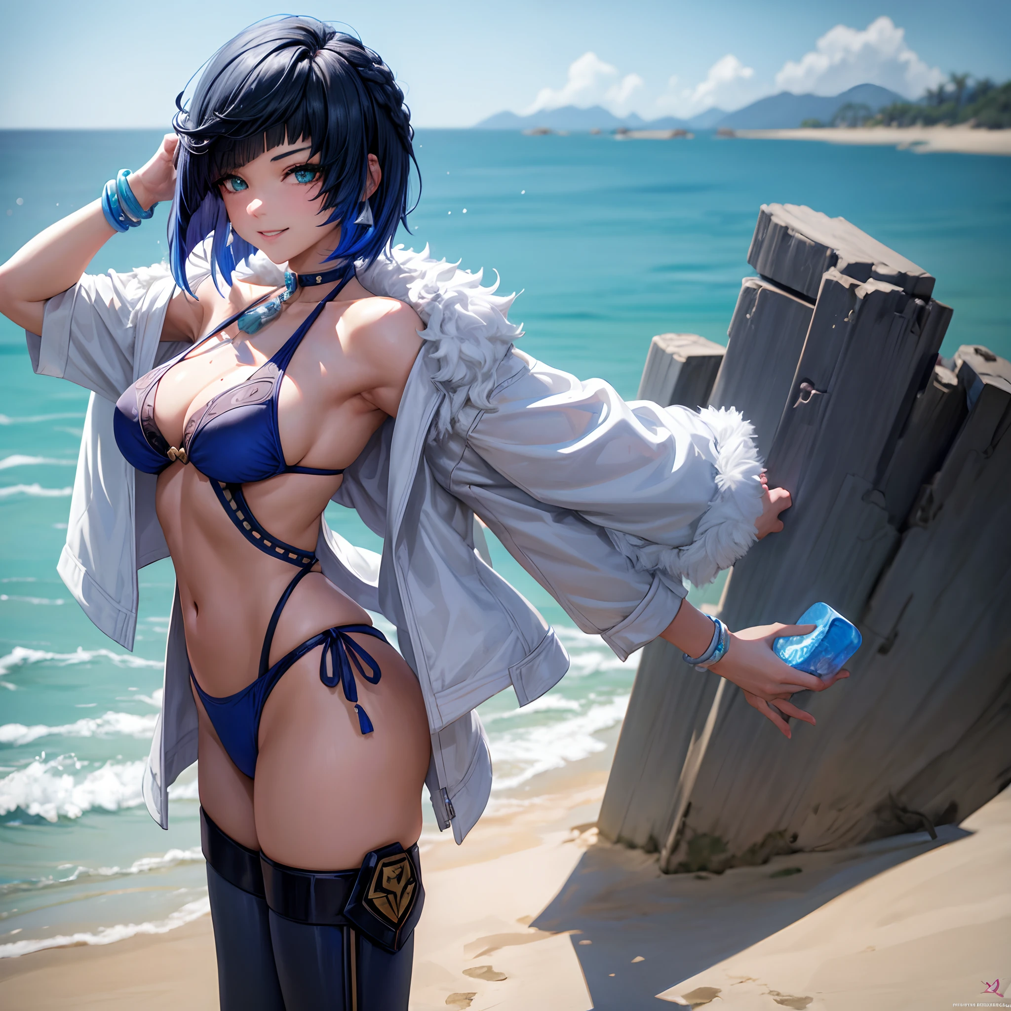 Yelan, standing, short blue hair, smiling face, in a bikini, breasts, perfect body, 8k, highres, masterpiece, most beautiful artwork in the world, trending on artstation, Pixiv, beach enviornment, modelling pose, striking a sensual pose, natural lighting