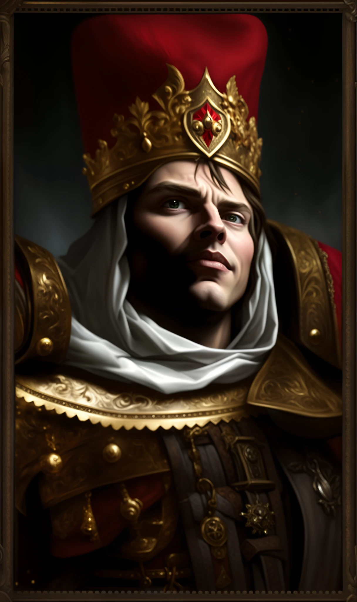 masterpiece, high quality, realistic portrait of a young man in a red hat and a gold crown, imperial portrait, great king, portrait of emperor of mankind, medieval young king, grandiose portrait, baldur's gate character portrait, photo of of [richard iv|tom hiddleston|benedict cumberbatch:0.5], picture of a male cleric, epic portrait, templar