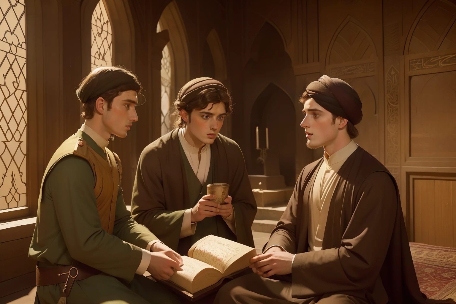 Year: 11th century. Location: Shiraz. Pre-raphaelite scene with a 22-year-old (english man), physician, young plague patient, ((hope feeling)) ((emotional)), ((((11th century qamis)))) ((11th century hairstyle)), (((cinematic style)))