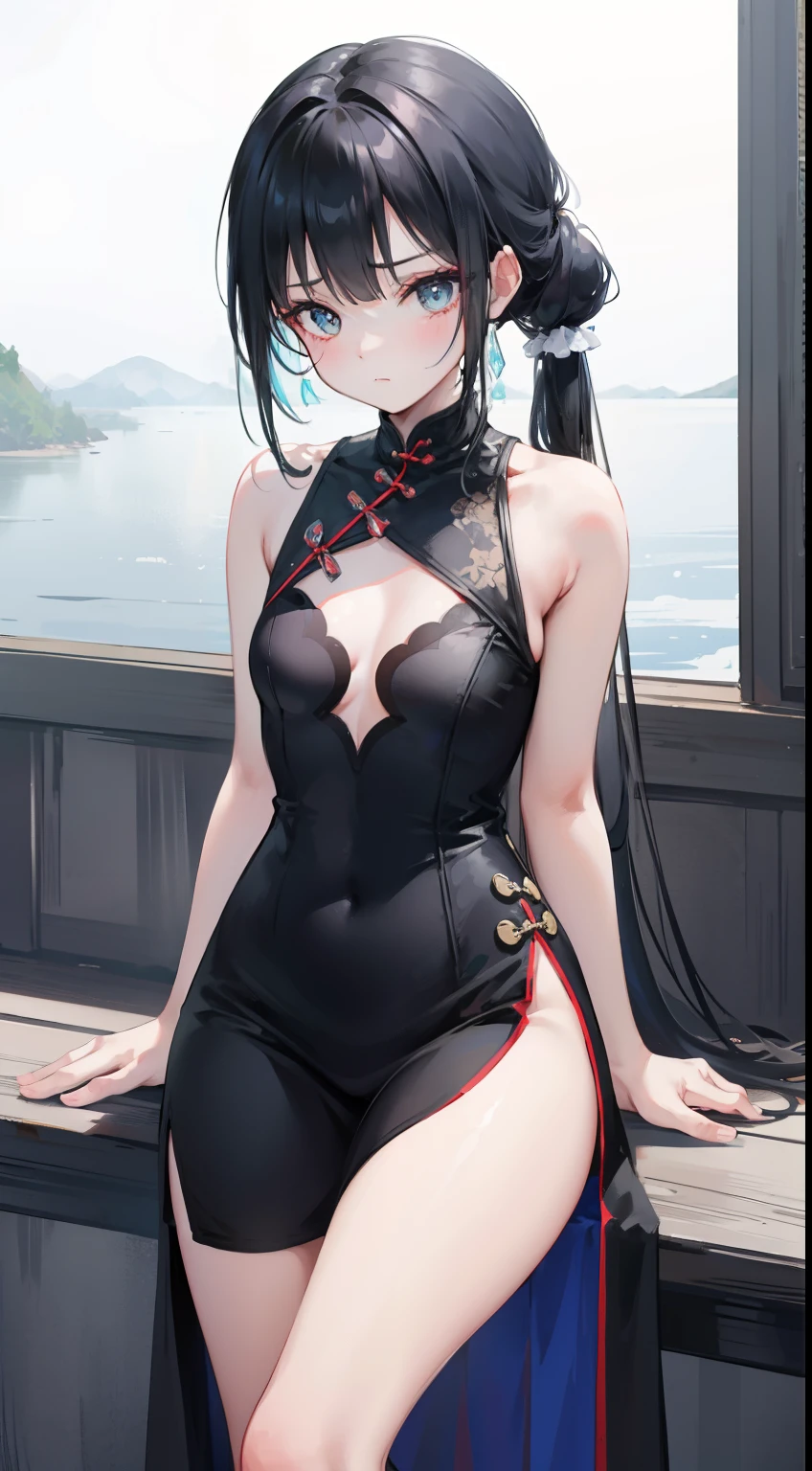 One ，Black double-height split split sleeveless tight transparent short cheongsam，Simple cheongsam，There are dragon patterns on the clothes，delicate adorable face，Shy face，Cyan eyes，Double ponytail hairstyle，White skin of the，4K，tmasterpiece，rays of sunshine，lakeside，On the bridge，Delicate skin，Surprisingly beautiful，Protruding chest，chest，Open your chest，full bodyesbian，raising her legs，