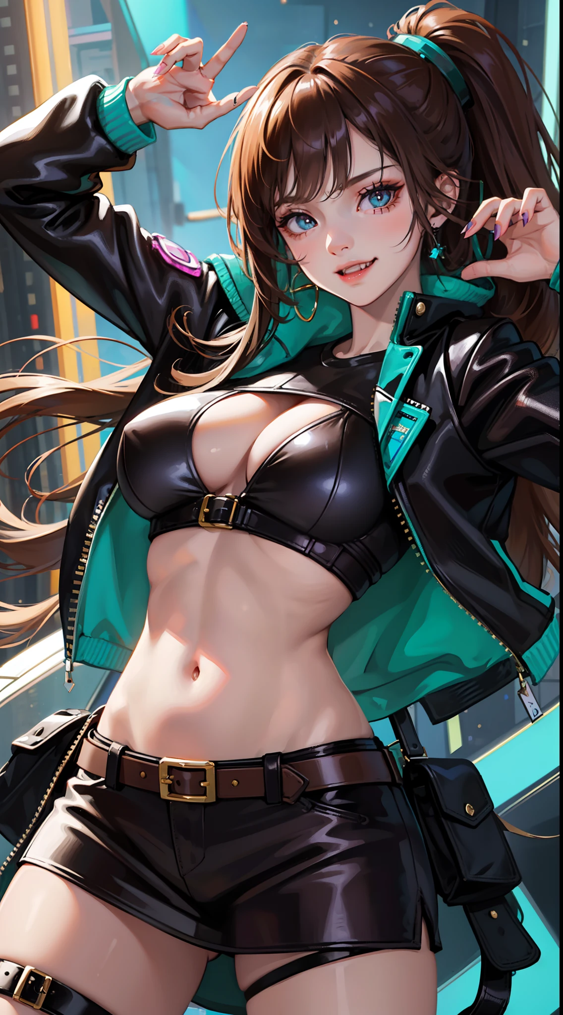 A  girl, Long brown hair, Heteroromy, left violet eye, Right Golden Eye, Turquoise cyberpunk top, leather jacket, Upskirt, open belly, open breasts, large breasts, smirk, tooth, fangs, claws, hiquality, 4k, HD, Good detail