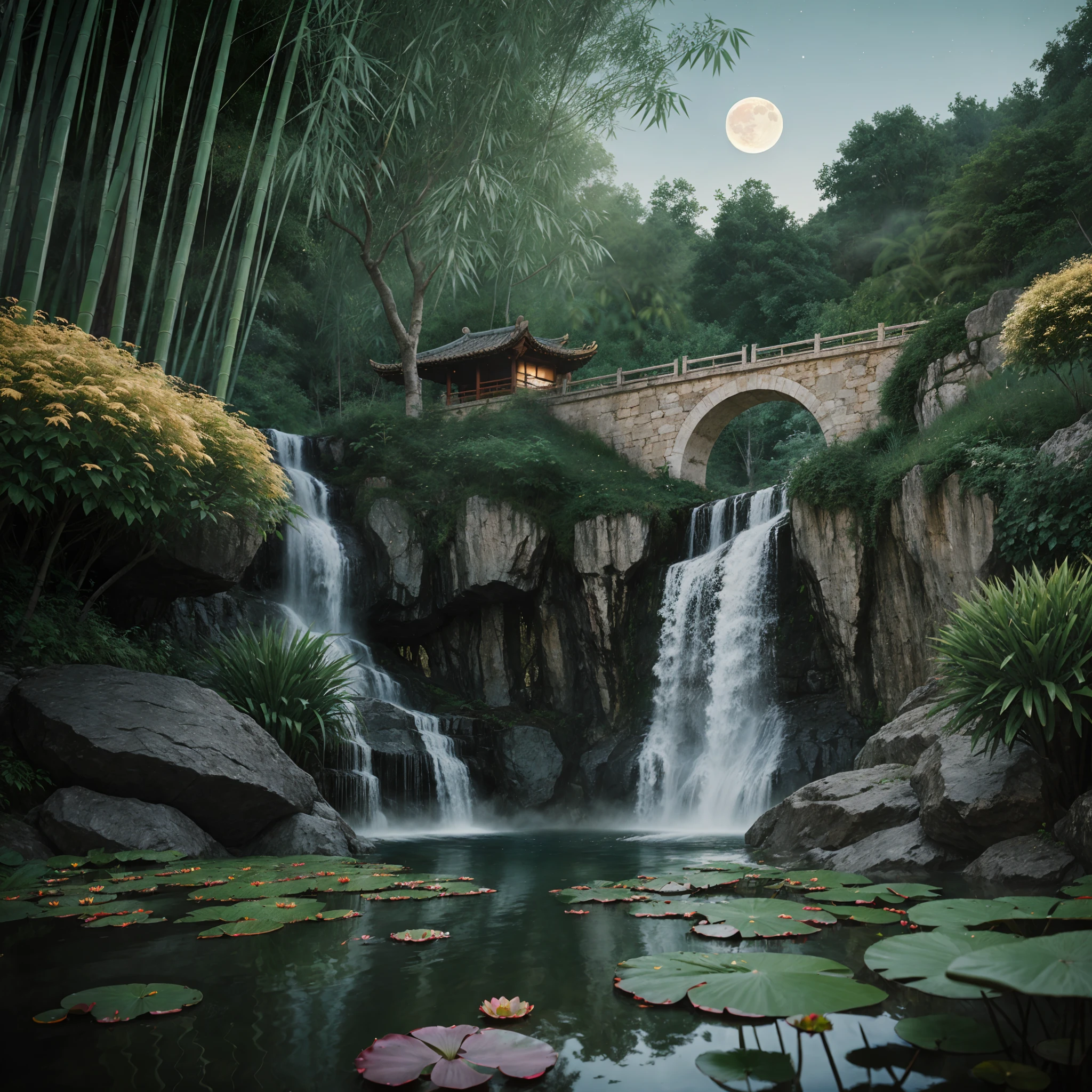 Ancient Chinese architecture, moon, midnight, garden, bamboo, lake, stone bridge, rockery, arch, corner, tree, running water, landscape, outdoor, waterfall, grass, rock, water lily, hot spring, water vapor, (Illustration: 1.0), Epic Composition, Realistic Lighting, HD Details, Masterpiece, Best Quality, (Very Detailed CG Unity 8k) --v 6