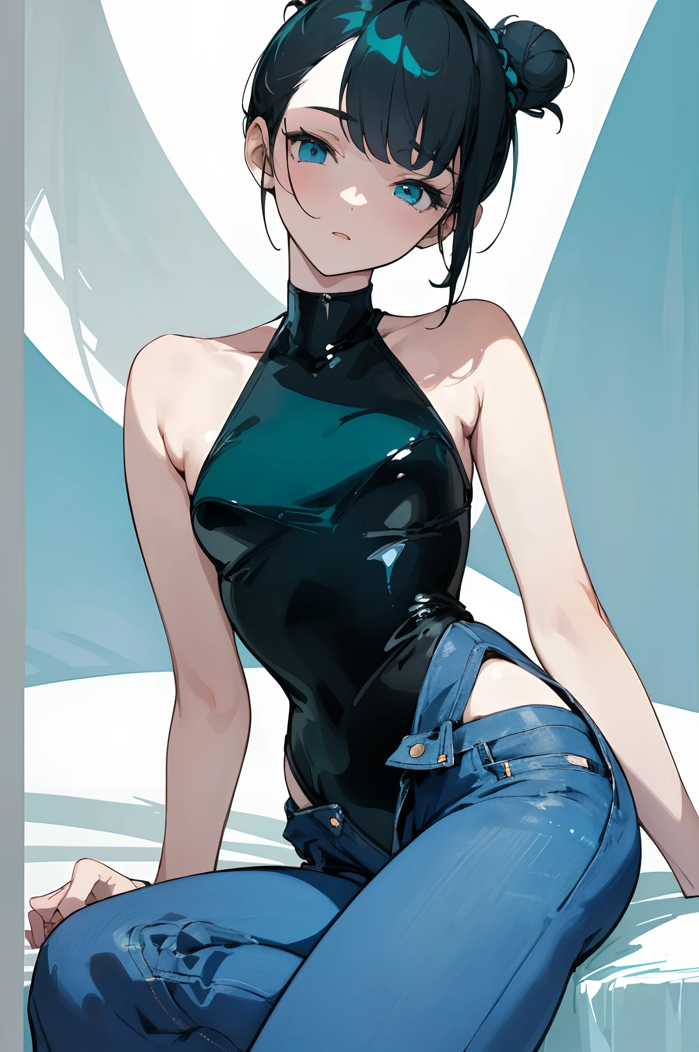 (masterpiece, best quality) detailed, 1Character , blue archive art style , wearing a black leotard and blue jeans , Pretty girl , pale skin , teal eyes , black hair , short hair , age 22, hair in a bun , 
 , pastel washed out colors , cell shade ,