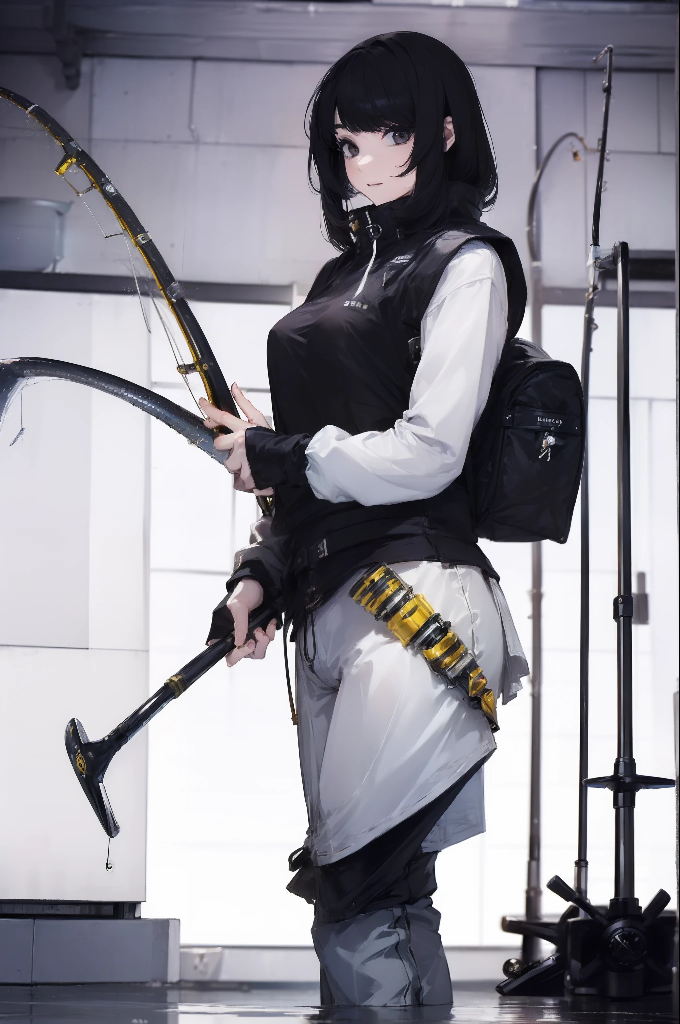 ((((Have a fishing rod with a reel:1.5)))),((Female 28 years old)),((Best Quality:1.5)),(((Fine fingers、Ratio 4 fingers and 1 thumb,detailed arms,detailed human hands))),(((Hands with the correct number and structure of fingers:1.4))),((Lakeside:1.37)),hight resolution,ultra-detailliert,masterpiece,best qualtiy,(Eight-headed body),(1 fishing rod,Holding a fishing rod in your hand,Fishing lure rod,Fishing Reels,Long Sleeve Outdoor Vest,Long pants for fishing,Big backpack),thin and long legs,Beautiful hip line,Beautiful spine,constricted back,Toned waist,beutiful breast),,Gentle smile,shiny lip,(1 fishing rod,Straight stretch fishing rod,Long fishing rod,Woman fishing with fishing rod in hand),Black hair, long eyeslashes, Solid Circle Eyes, drop shadow, Atmospheric perspective,Super Detail, ccurate, small brest,top-quality, blurry backround, bokeh dof:1.2, (masterpiece:1.3), Atmospheric perspective,Super Detail,dynamic compositions, Ultra High Quality,