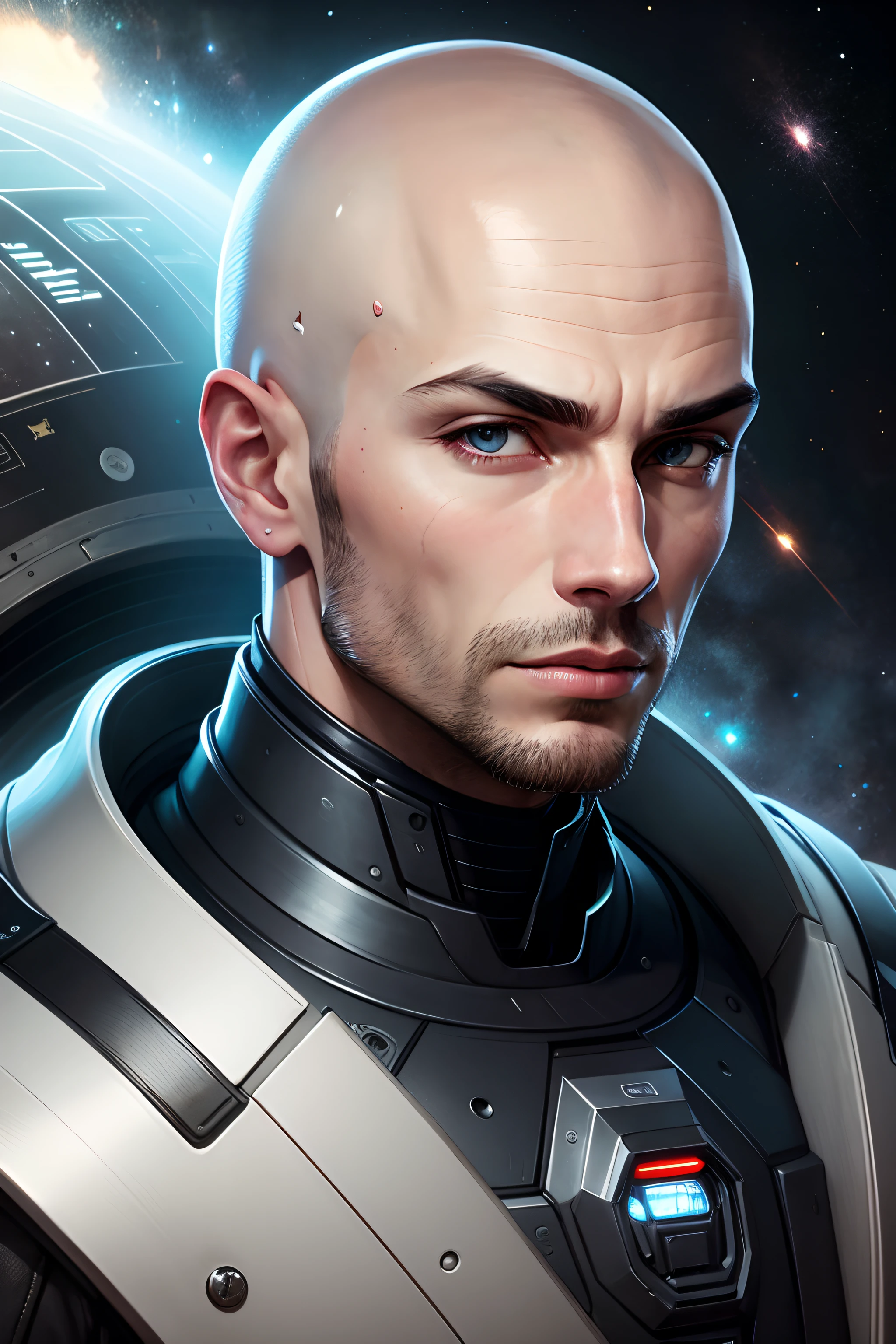 male bald, portret, future,space armour, high quality, rich, space