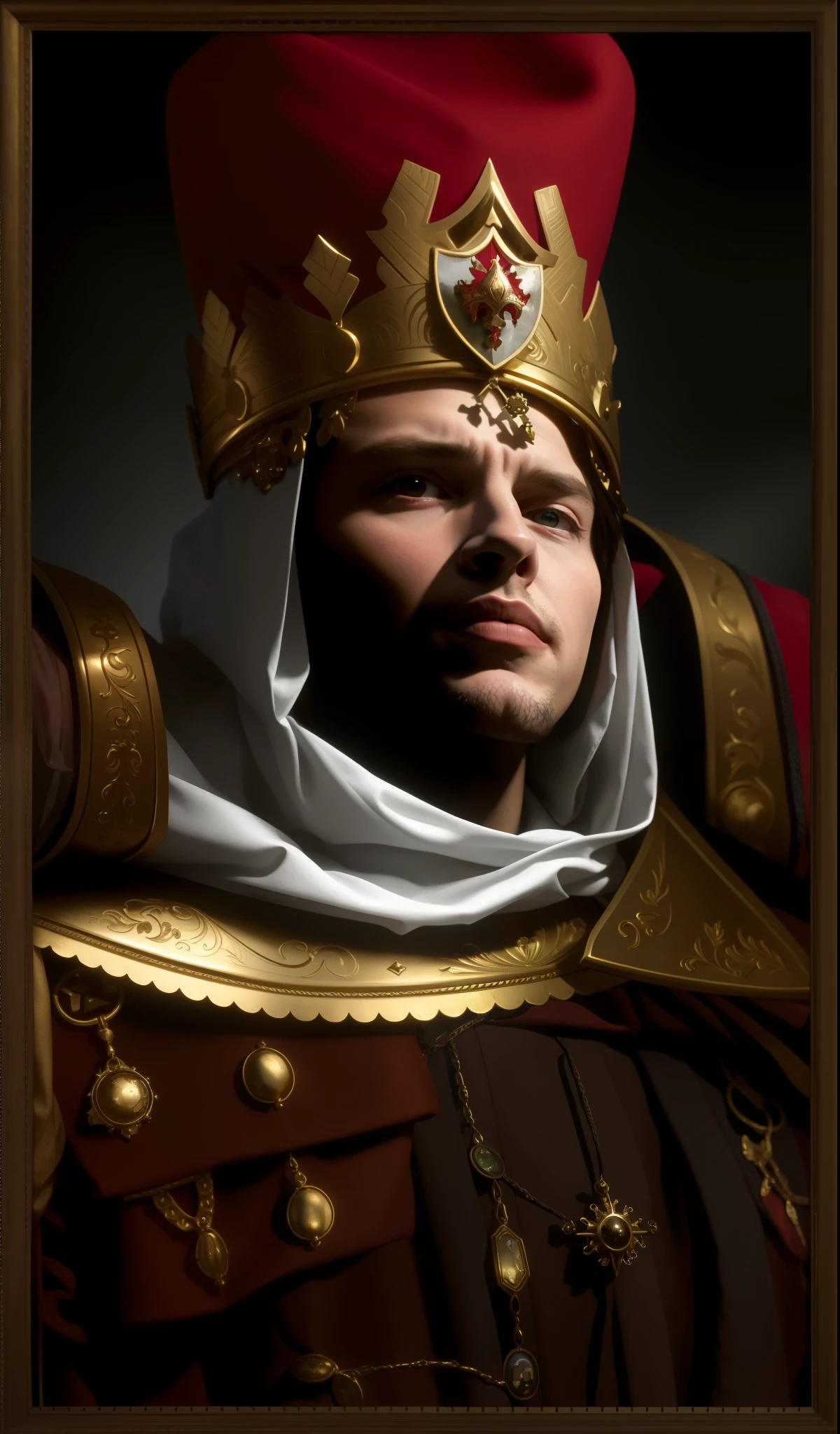 masterpiece, high quality, realistic portrait of a young man in a red hat and a gold crown, imperial portrait, great king, portrait of emperor of mankind, medieval young king, grandiose portrait, baldur's gate character portrait, photo of of [richard iv|tom hiddleston|benedict cumberbatch:0.5], picture of a male cleric, epic portrait, templar