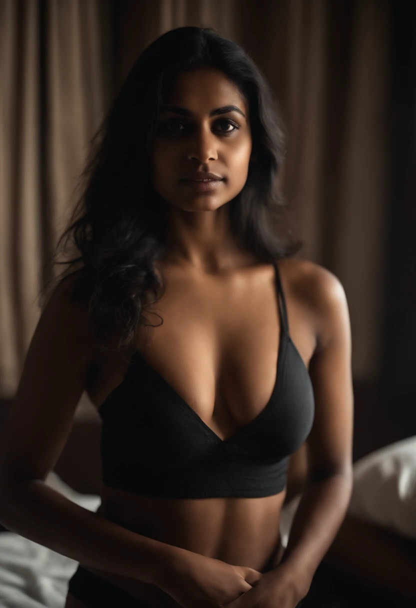 girl holding boobs, without bra, only panties in bedroom, sexy pose, natural light, black hair indian girl, light dark skin color